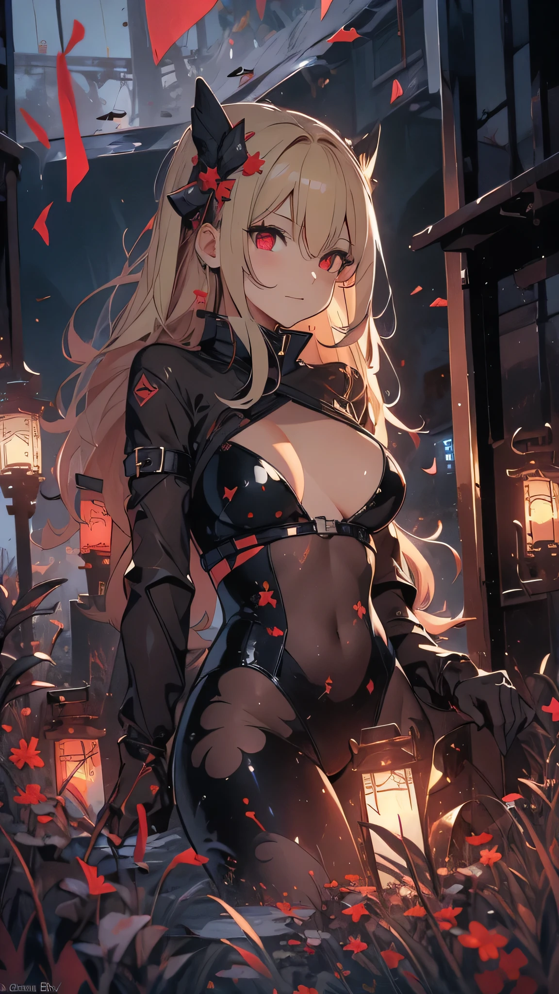 最high quality、Best image quality、masterpiece、girl((Age 25、 By becoming、Best Bust、Medium Bust,Wide open breast tea、Red glowing eyes,Blonde、Red Mesh、Disheveled Hair、Lointail、thin,The highest valley、Open chest、Luminous Wristbands、hair ornaments、Show the whole body,Black Ninja suite、revolver、scar、Full body scar、Fighting Pose)),high quality、Beautiful art、background((Photography room))、Flight、Flying debris、Written boundary depth、movie、Visual Arts、Perfect art、8K,Genuine,