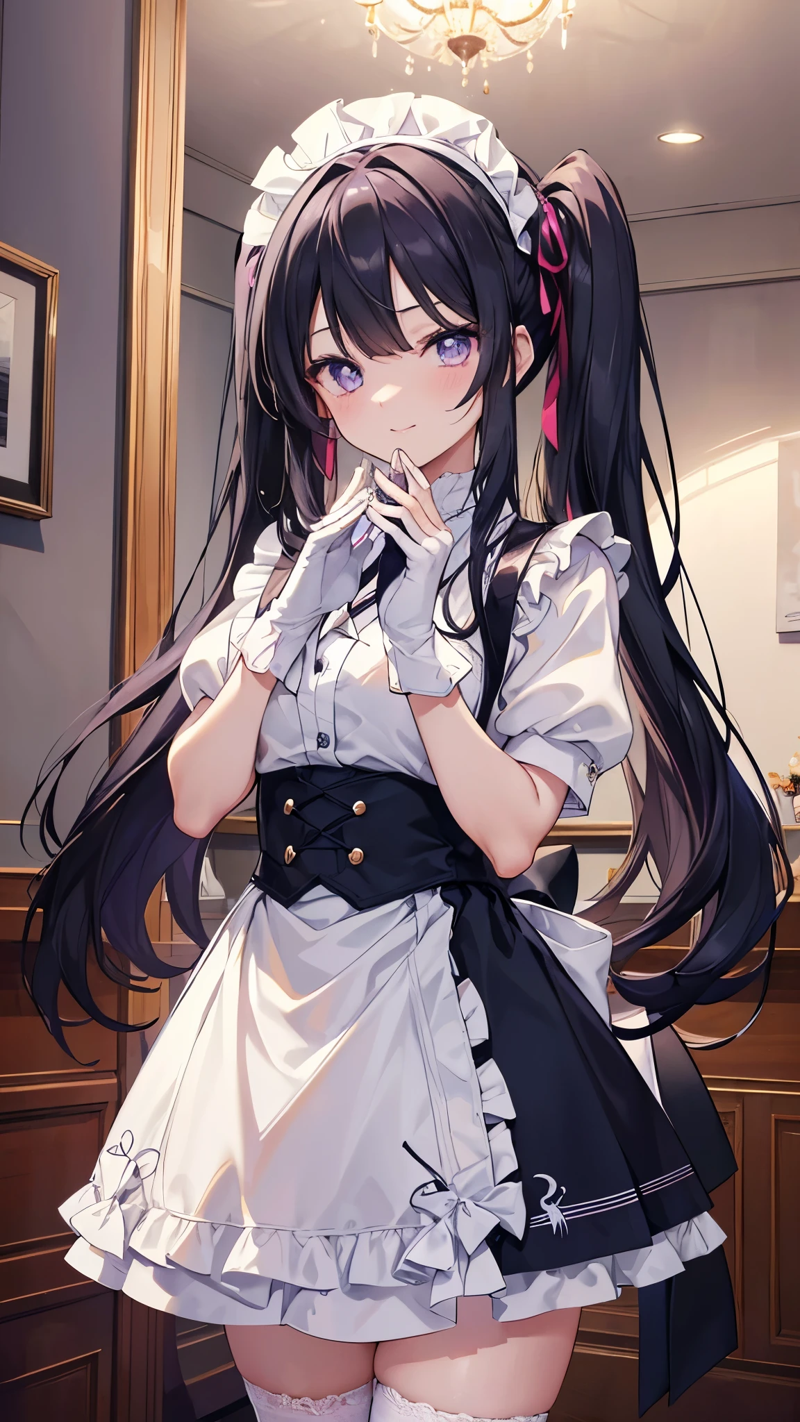 Takiuchi Kame, Check it out, Long Hair, bangs, Twin tails, Black Hair,blush,smile, (Purple eyes:1.2), She wears a maid skirt, White stockings on her feet, Lace gloves. Dignified standing shape, break indoors, Cafe, break looking at viewer, (Cowboy Shot:1.5), break (masterpiece:1.2), highest quality, High resolution, unity 8k wallpaper, (shape:0.8), (Fine and beautiful eyes:1.6), Highly detailed face, Perfect lighting, Highly detailed CG, (Perfect hands, Perfect Anatomy),