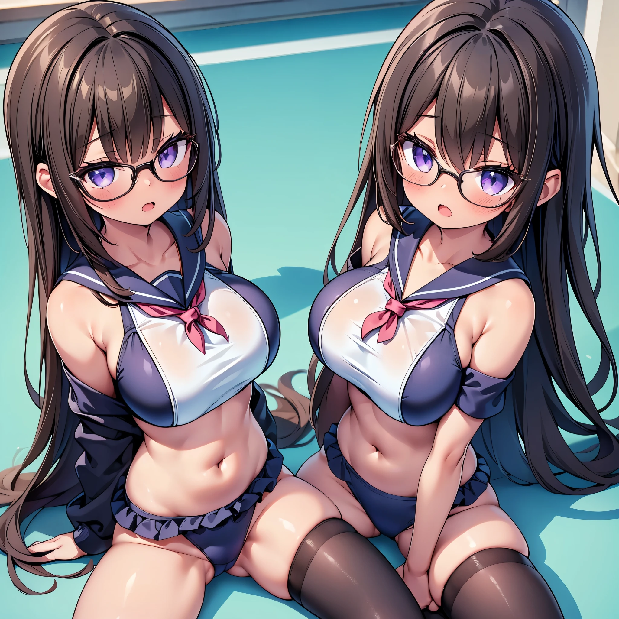 (cute eyes:1.2), (sparkling eyes:1.2), (8K、Best image quality、highest quality、masterpiece)、Detailed face、(2 girls, (Brown Skin:1.3))、Improve、(Black Hair, Purple Eyes, Glasses, long hair)、(open mouth), (embarrassed), (skinny body:1.3),(huge breast), (off shoulder sailor swimsuit:1.2), (spread legs:1.2), (cleavage), (crop top navel), Classroom Background, (black stockings:1.1), (Thighs:1.1), (Waistline:1.1),(close-up shot of bust), (from above:1.2)