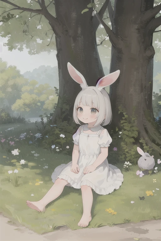 ((masterpiece,highest quality)),One girl, alone, animal ears, Rabbit, barefoot, Raise your knees, dress, Sitting, Rabbit ears, Short sleeve, View Viewer, Grass, short hair, smile, Gray Hair, Puffy sleeves, Outdoor, puffy Short sleeve, bangs, On the ground, whole body, animal, white dress, Day光, Brown eyes, dappled Day光, Day, Depth of written boundary