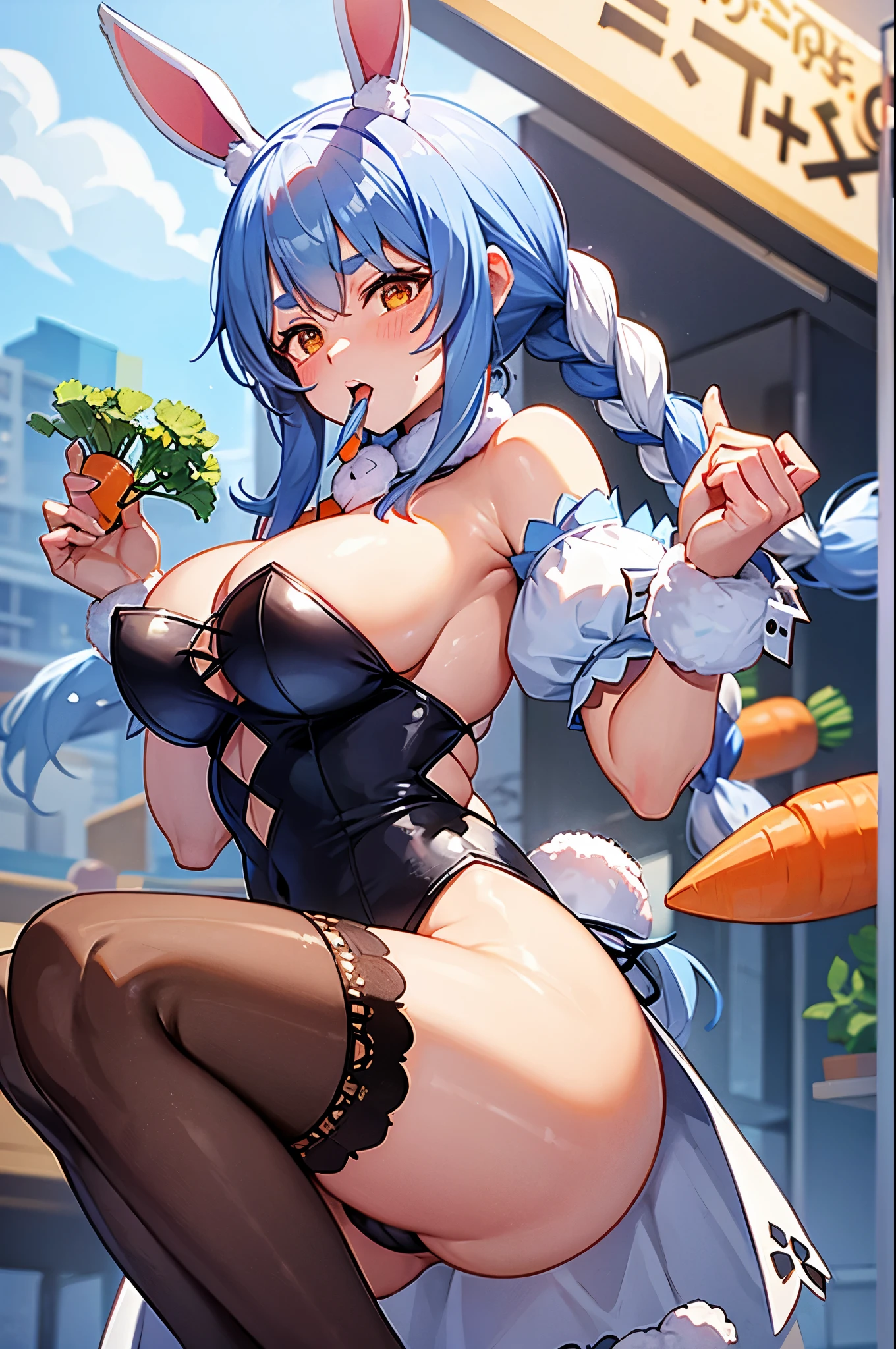 usada pekora, big breasts, big ass, long bunny ears, carrot in her mouth