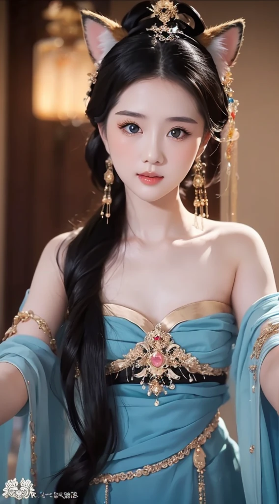Create a portrait of a ((three friends ladies )) ((,blue)) ((with fox ears)) eyes on camera.with very seductive beauty like a ((goddess))