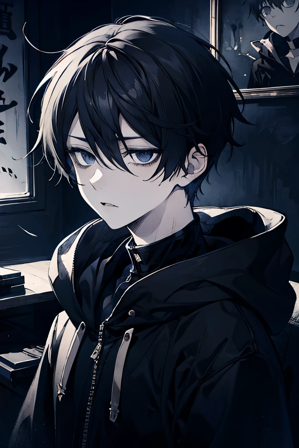 male_focus, 1other. 1boys. short_hair. solo. short_hair. illustration, anime art style. messy_room. hikikomori. ecstasy_face. hoodie. dull eyes. dark atmosphere. gloomy, dreary, dark. dull. eyes without light. dark room. black short hair. gloomy. dark atmosphere. lifeless eyes. face only. black eyes without light. pale and thin body. a sullen man. wearing a black hoodie. face only. Nerd. Hikikomori. lack of social skills. A sullen look. dark circles. Dark circles. excitement. face