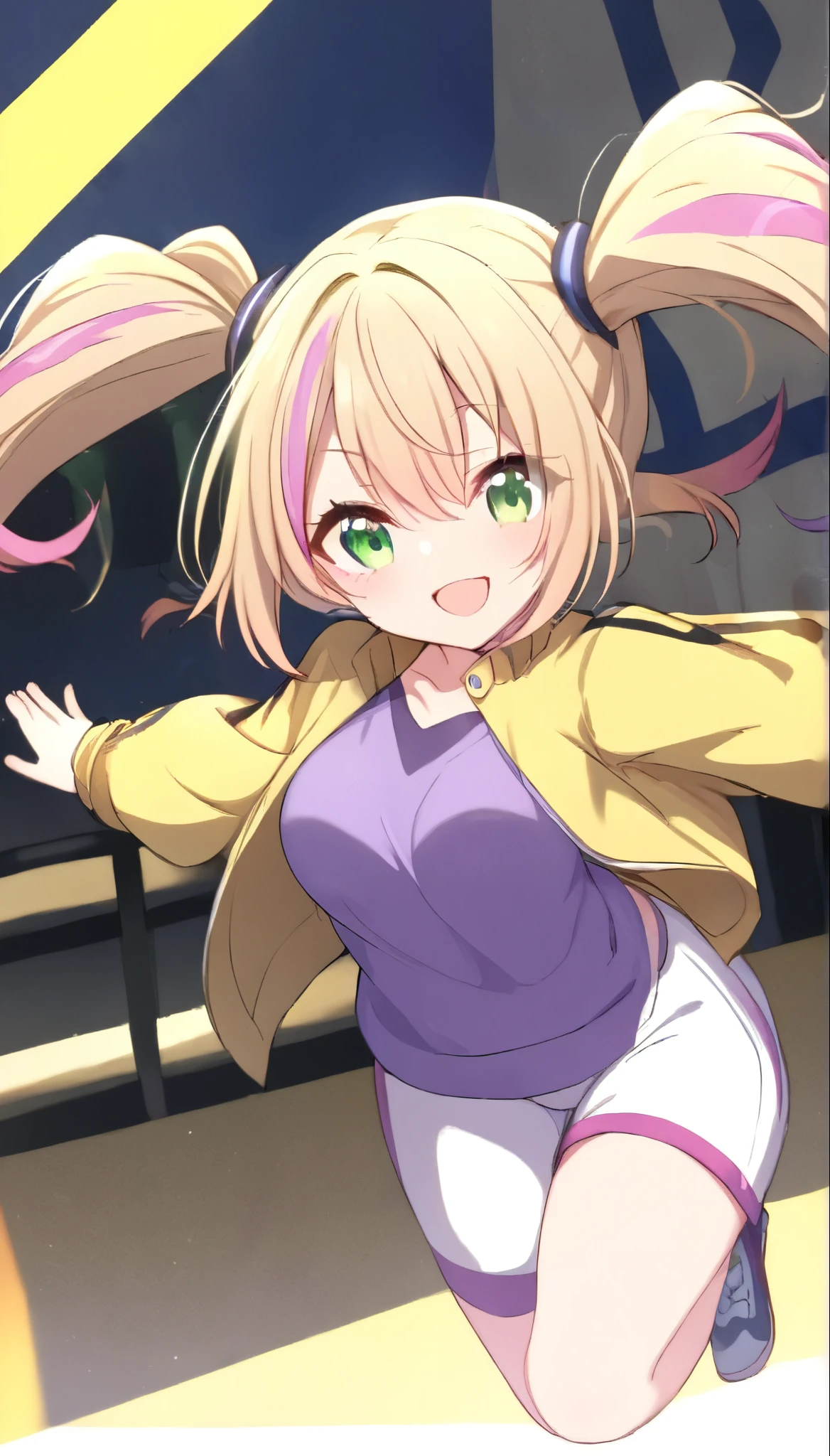 1 girl,twin tail,medium hair,blonde hair, ((highlights hair,pink streaked hair)),smile,white short pants,purple shirts,yellow stadium jacket,medium breasts,green eye,Urban area,