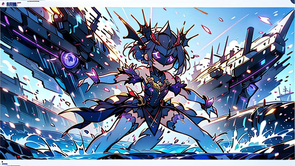 ((((Perfect female whole body))))、(((Scenes with a lot of background visible、Focus on the whole body、masterpiece)))、(((A tall, adult, flat-chested female admiral、White military costume、Face visor mask、The slits in the visor shine purple.)))、(((Black short hair)))、Glaring at me、((両足でmaritimeに浮かび立つ))、Morning Sea、((maritime))、((Dragon Man))、Spreading his sharp-clawed arms、((Thrusts out his sharp-clawed right arm forward))、(Spread your legs wide)、(Purple square gem in center of chest)、Proudly、Lean back