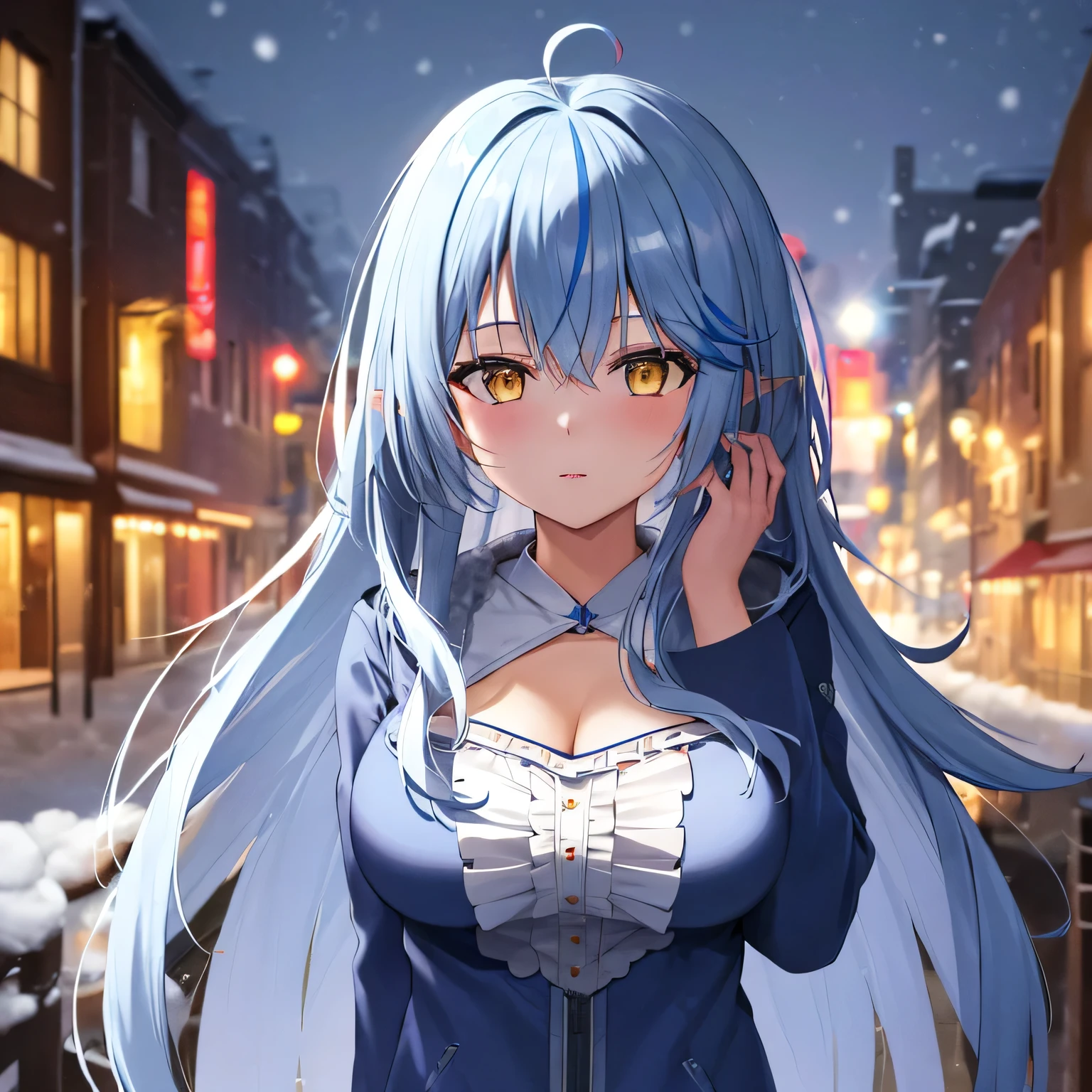 (masterpiece:1.3), (absurdres:1.3), (best quality:1.3), (ultra-detailed:1.3),(best shadow:0.7), (handled hair), pureerosface_v1, perfect anatomy, 1girl, solo, long hair, streaked hair, ahoge, hair ornament, ((cold weather clothes)), snowing, city, outdoors, night, movie poster, extremely detailed 8K, smooth, high resolution, ultra quality, cinematic lighting, ambient occlusion, hd, 2k, 4k, 8k, 16k, extremely detailed anime, detailed faces, perfect composition, close up shot, atmospheric lighting,