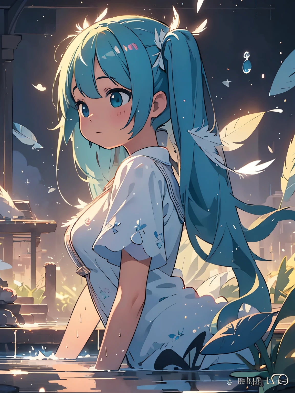 (masterpiece、highest quality、highest quality、Official Art、Beautiful and beautiful:1.2)、(One girl:1.3)Hatsune Miku、Twin tails,Big Breasts,Absurd, High resolution,, (One Girl, alone), Big eyes,, Townscape,, (water effects, Light effects, fluttering feathers:1.2),Chubby