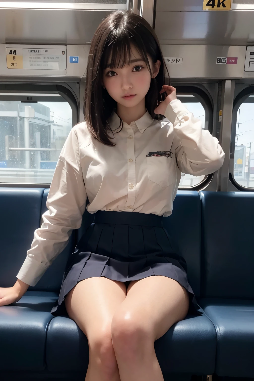 (Masterpiece, High Definition, Ultra High Definition, 4K) Black hair, ************ 3females, highschool uniform skirt, glossy detailed thighs, emphasizing thighs, (cross legs), from ((below)), white thighs, soft thighs, sitting on the train seat,front,Zoom camera in the crotch,Feet on the train floor,Full body,Looking down and sleepy, best quality, ultra high definition, (photorealistic:1.4),, high resolution, detail, raw photo, 