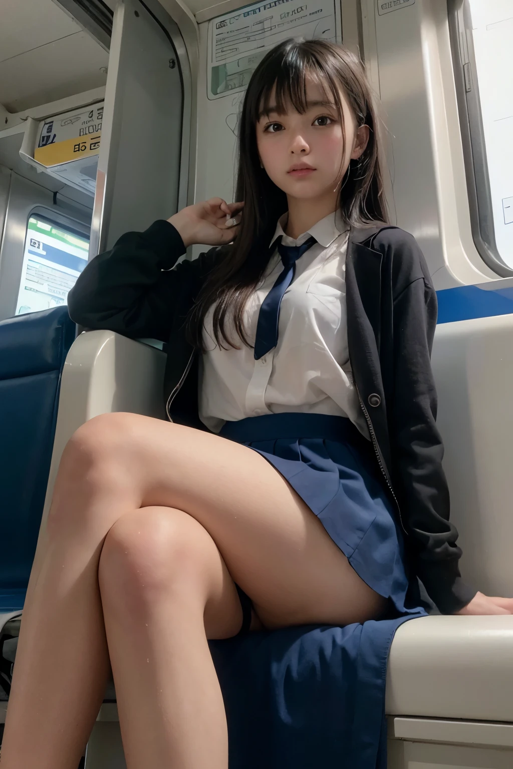 (Masterpiece, High Definition, Ultra High Definition, 4K) Black hair, 3females, highschool uniform skirt, glossy detailed thighs, emphasizing thighs, (cross legs), from ((below)), white thighs, soft thighs, sitting on the train seat,front,Zoom camera in the crotch,Feet on the train floor,Full body,Looking down and sleepy, best quality, ultra high definition, (photorealistic:1.4),, high resolution, detail, raw photo,
