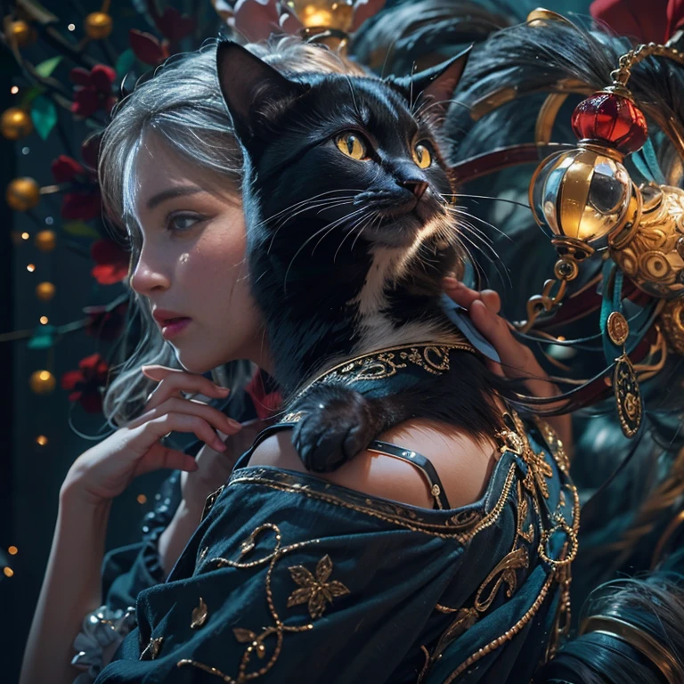 Shiny winter ornaments),High resolution,Sharp focus,(Super detailed,Very detailed),(Photorealistic artwork:1.37),(Very detailed CG unity 8k wallpaper),(((Vibrant colors,Vibrant Themes))),(Complex),(masterpiece),(highest quality),Artistic photography,(Photography by sldr),(Complex background),perfectly rendered face,Perfect facial details,Realistic Face,Photorealistic,Analog Style,((Complex detail)),(((realism))), Holding a pet, Black cat, A cat and a girl
