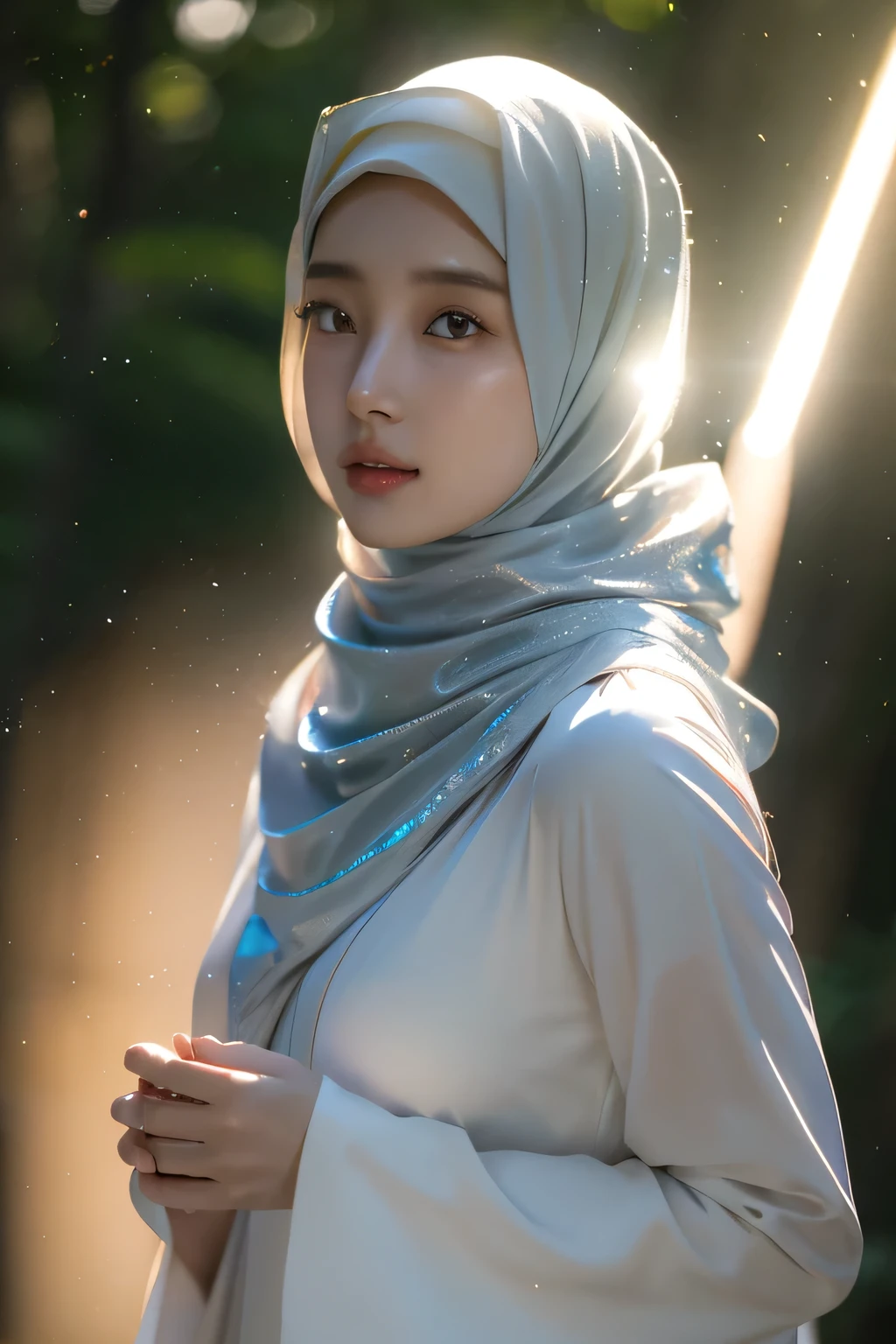 8k, masterpiece, RAW photo, best quality, photorealistic, extremely detailed CG unity 8k wallpaper, Depth of field, Cinematic Light, Lens Flare, Ray tracing, (extremely beautiful face, beautiful lips, beautiful eyes), intricate detail face, ((ultra detailed skin) 1Girl,Tyndall effect,light and shadow, wear the hijab.