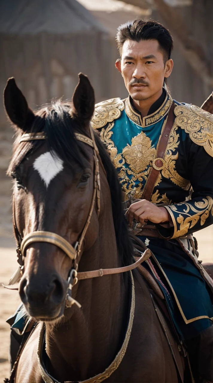"Visualize Genghis Khan, the legendary leader, on horseback, overlooking a united and diverse group of tribes, symbolizing the unification of the Mongol Empire."