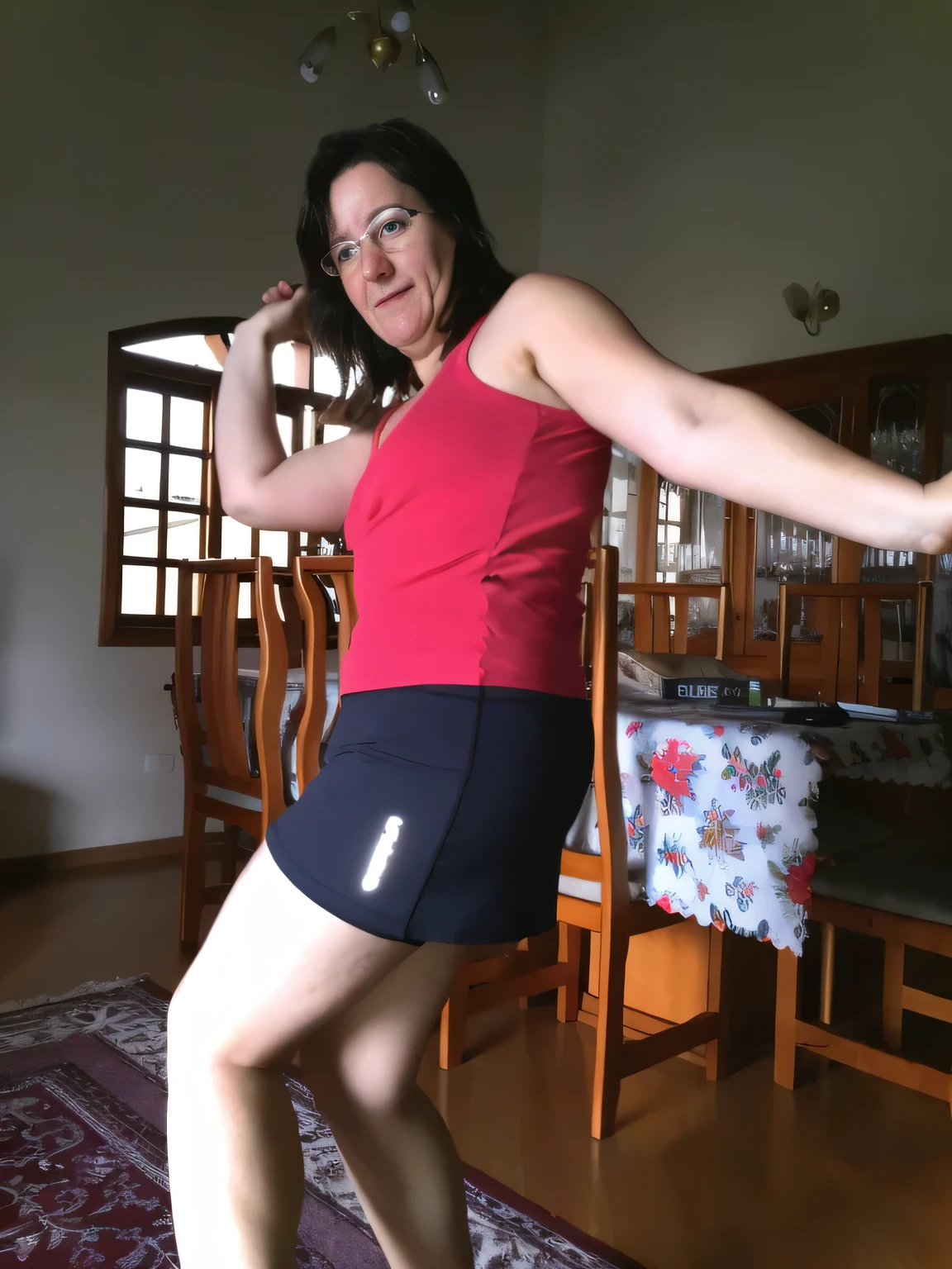 woman in red tank top and black shorts standing on a room, fit pic, doing a sassy pose, side pose, posing!!, in shorts, short robust woman, mini-skirt, in good physical shape, sassy pose, wearing fitness gear, fun pose, side shot, wearing red shorts, posing and flexing, waist - shot, middle shot waist up