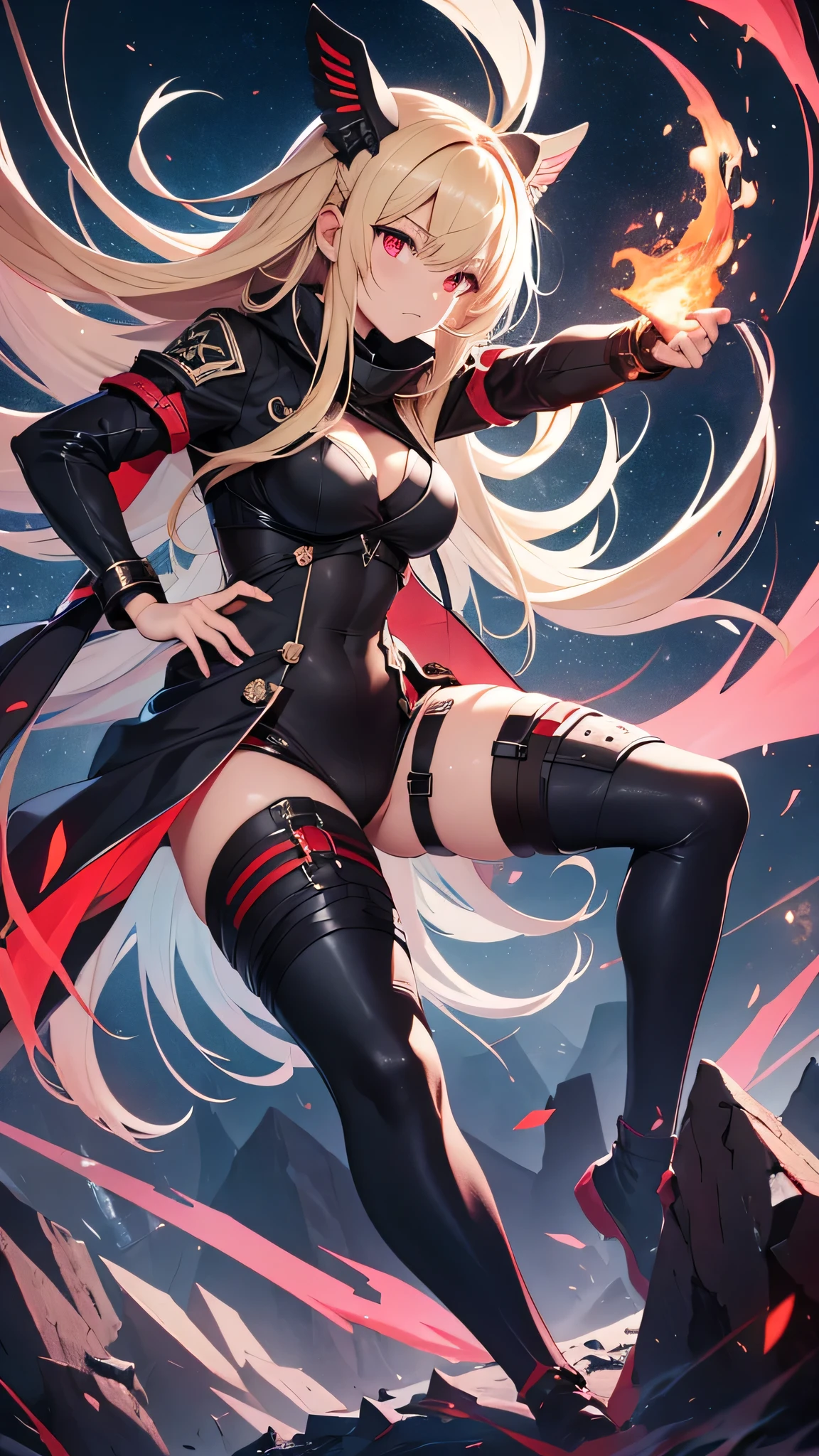 最high quality、Best image quality、masterpiece、girl((Age 25、 By becoming、Best Bust、Medium Bust,Wide open breast tea、Red glowing eyes,Blonde、Red Mesh、Disheveled Hair、Lointail、thin,The highest valley、Open chest、Luminous Wristbands、hair ornaments、Show the whole body,Black Ninja suite、revolver、scar、Full body scar、Fighting Pose)),high quality、Beautiful art、background((Photography room))、Flight、Flying debris、Written boundary depth、movie、Visual Arts、Perfect art、8K,Genuine,