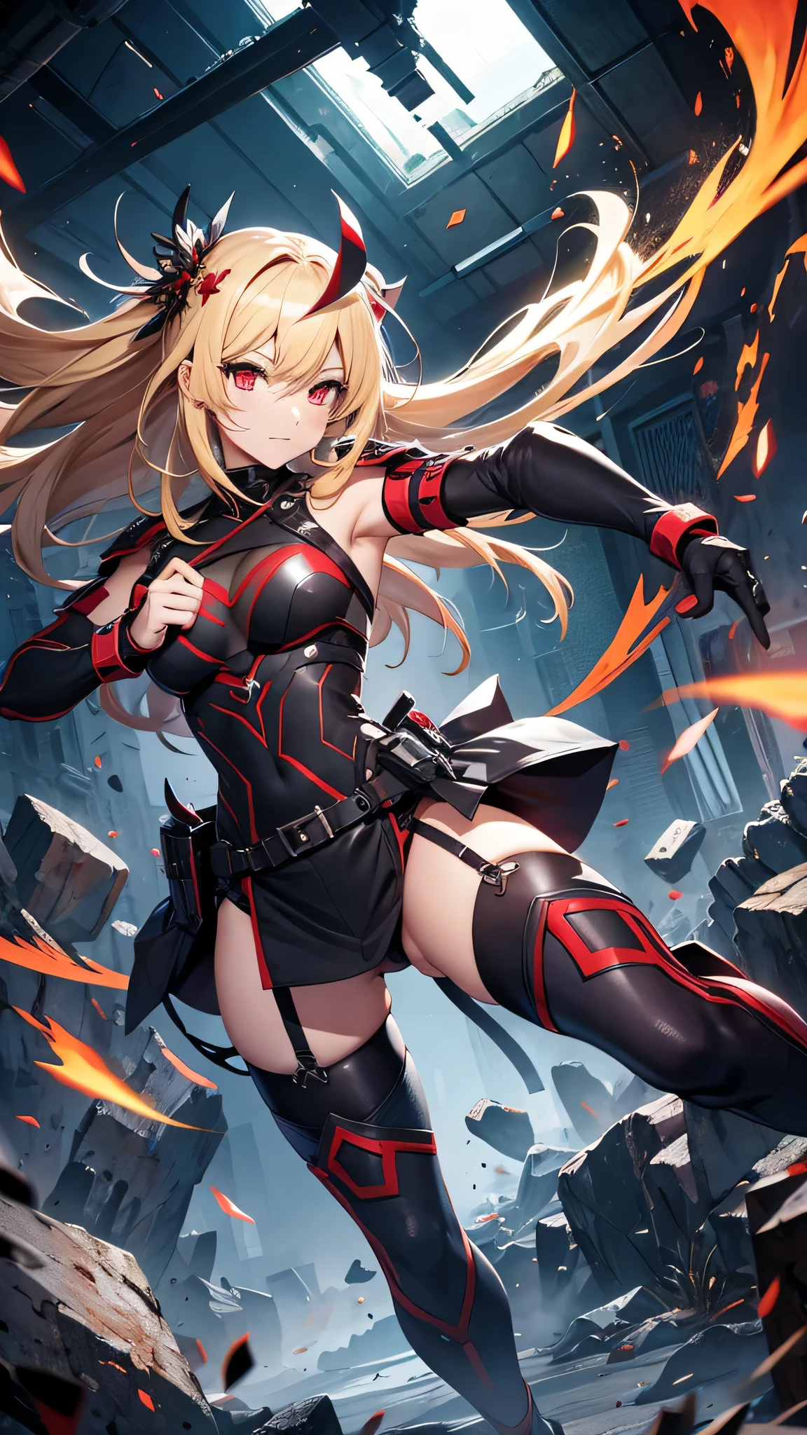 最high quality、Best image quality、masterpiece、girl((Age 25、 By becoming、Best Bust、Medium Bust,Wide open breast tea、Red glowing eyes,Blonde、Red Mesh、Disheveled Hair、Lointail、thin,The highest valley、Open chest、Luminous Wristbands、hair ornaments、Show the whole body,Black Ninja suite、revolver、scar、Full body scar、Fighting Pose)),high quality、Beautiful art、background((Photography room))、Flight、Flying debris、Written boundary depth、movie、Visual Arts、Perfect art、8K,Genuine,