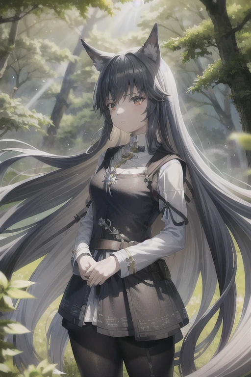 A 16 years Europe real girl fighter with small dog ears with white skin, flowing very long brown hair blowing in the wind and sharp bright eyes, wear Dirndl, Side view, ultra detail real middle Agesmiddle Ages 3d game live art in the forest, Backlight shooting high contrast , 3.5mm full body shot, warm sunlight single direct 
