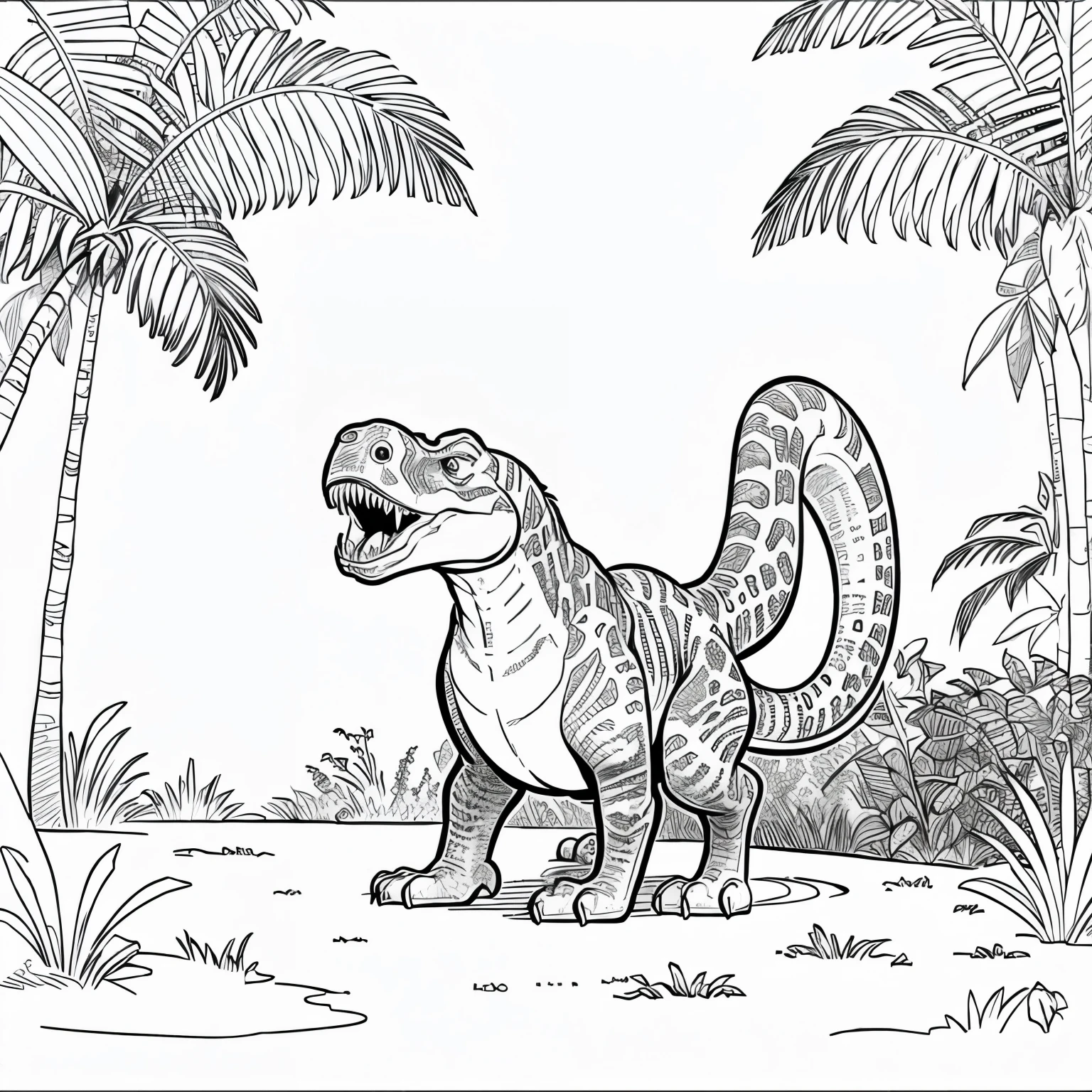 Coloring pages for kids tyrannosaurus rux in jungle, cartoon style, thack line, no Shadow