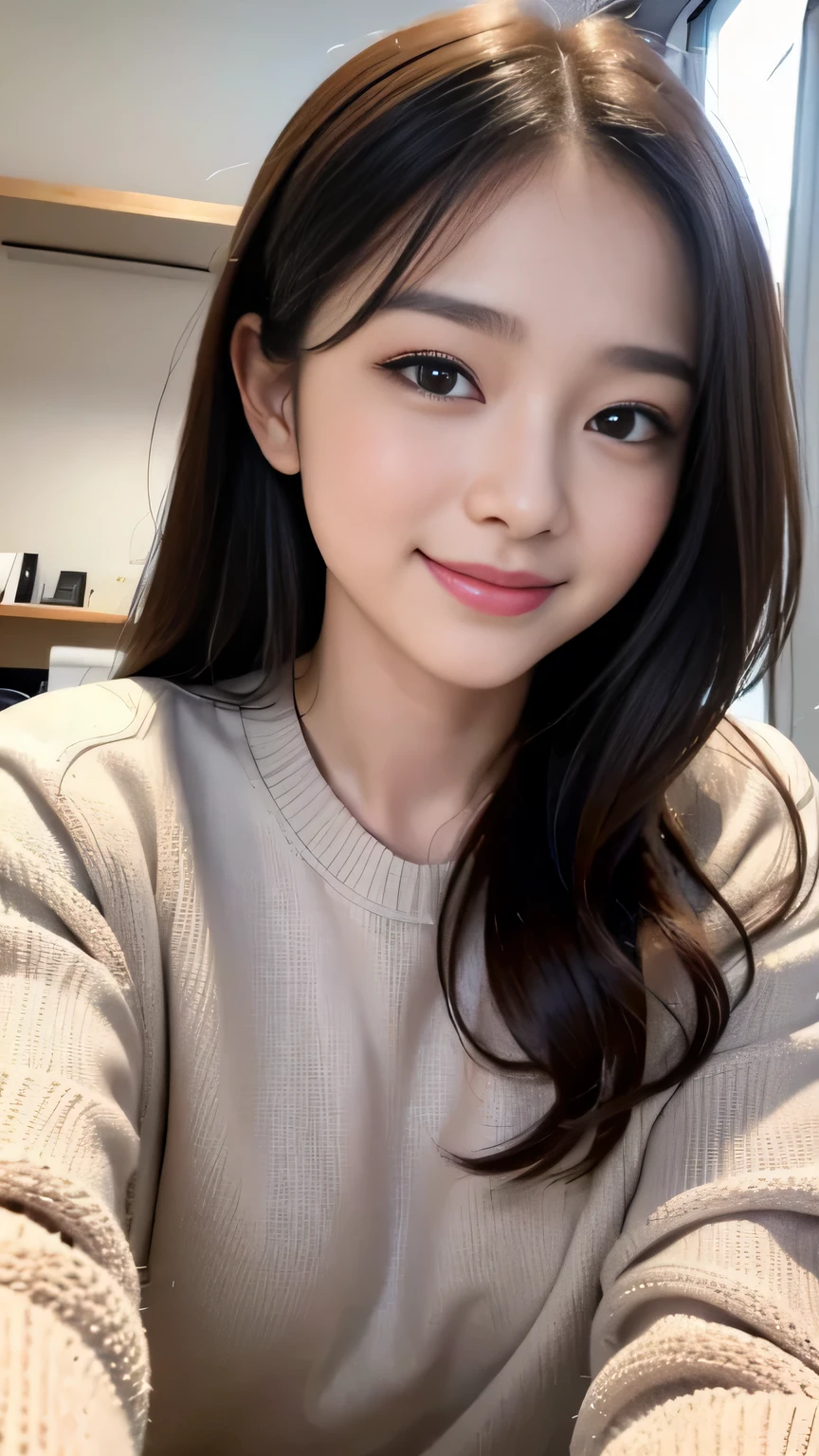 Pieces fly、highest quality、figure、Very detailed、Fine details、High resolution、8K Dende Wallpaper、Perfect dynamic composition、Beautiful fine details、Winter casual wear、Medium Hair、Small breasts、Natural color lip、Bold sexy pose、A shy smile、Harajuku Style、20-year-old girl、Cute type、sexy shot looking at camera、