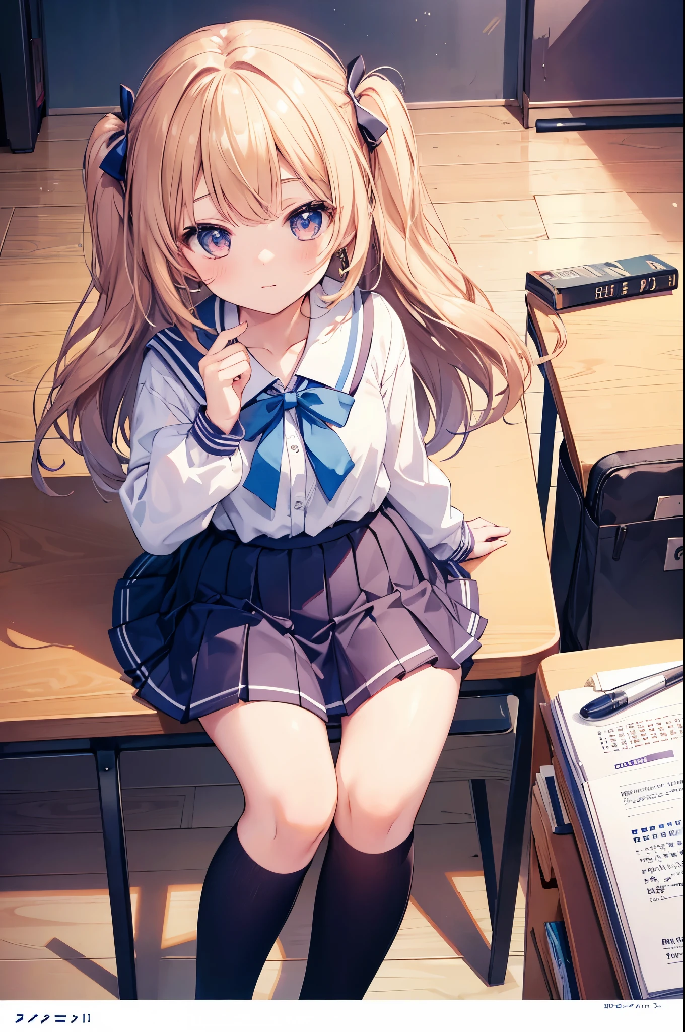 (highest quality:1.3)、One Girl、high school girl、mini skirt、desk work、get up、Angle from directly above、Cute anime illustrations、