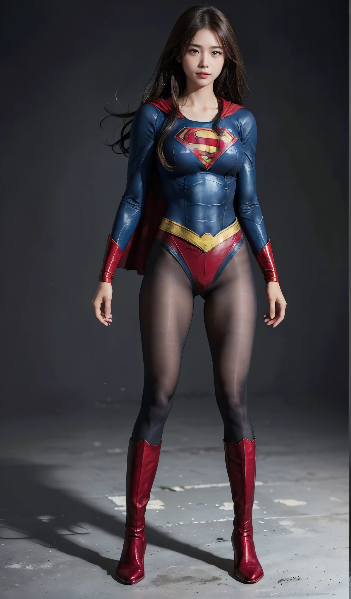 No background、(((Beautiful legs in black tights.)))、(((Legally express the beauty of your smile)))、((((Make the most of your original images)))、(((Supergirl Costume)))、(((Beautiful Hair)))、(((suffering)))、(((Please wear black tights....、Wear red boots)))、((Best image quality、8k))、((highest quality、8k、masterpiece:1.3))、(((Preserve background )))、Sharp focus:1.2、Beautiful woman with perfect figure:1.4、Slim Abs:1.2、Wet body:1.5、Highly detailed face and skin texture、8k
