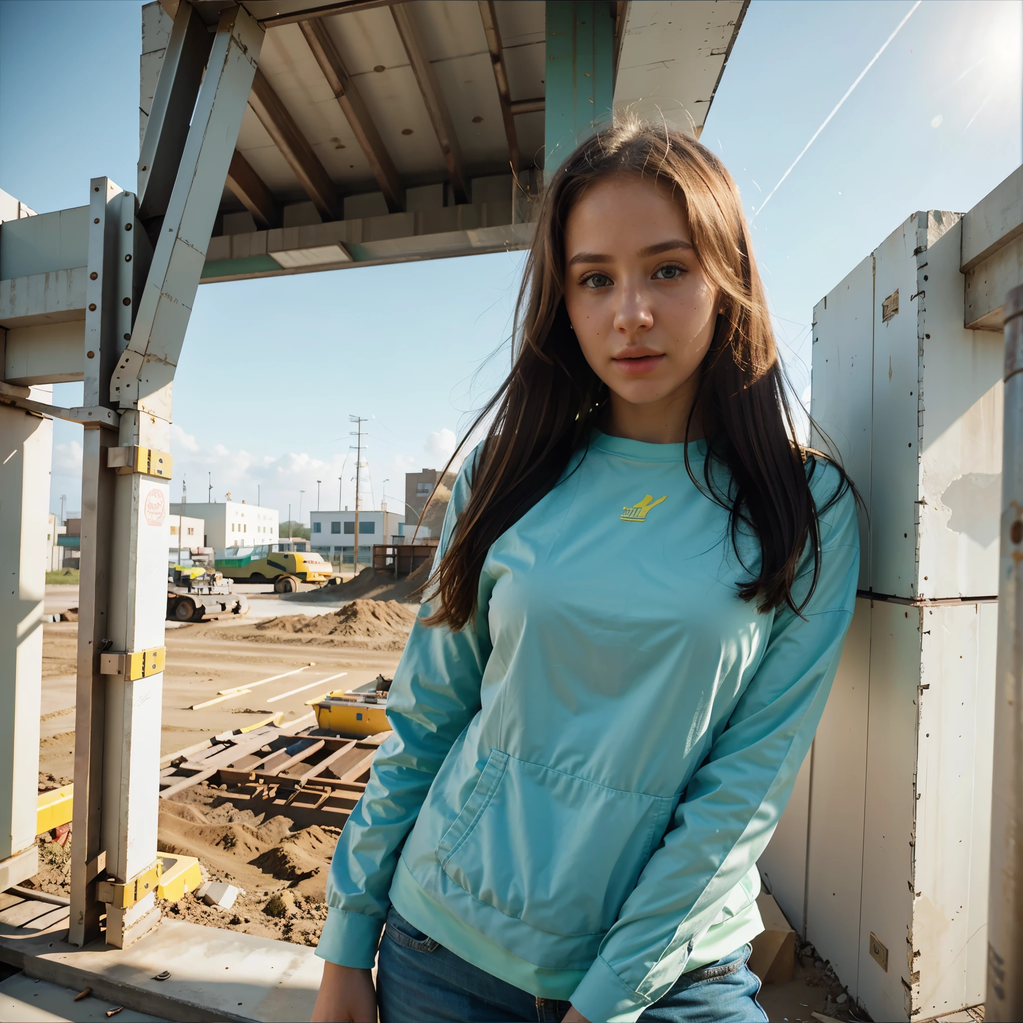 sfw, sfw, masterpiece, highres, extreme detailed, 1girl, beautiful, (angelinak), photographed by Tim Walker, realistic, photography, working as a construction worker in city in Southern Texas, heavy construction equipment around on site, day, sunlight, directional lighting, Kodachrome film used for photography, analog photography, high quality textures, 