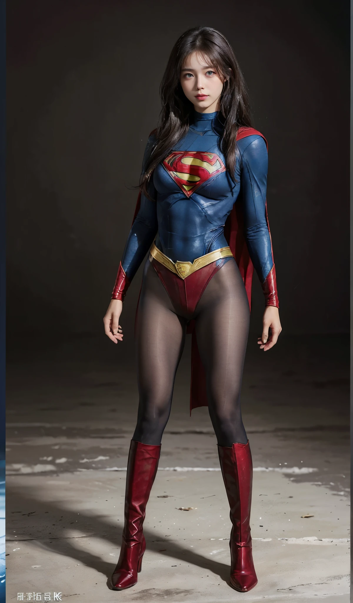 No background、(((Beautiful legs in black tights.)))、(((Legally express the beauty of your smile)))、((((Make the most of your original images)))、(((Supergirl Costume)))、(((Beautiful Hair)))、(((suffering)))、(((Please wear black tights....、Wear red boots)))、((Best image quality、8k))、((highest quality、8k、masterpiece:1.3))、(((Preserve background )))、Sharp focus:1.2、Beautiful woman with perfect figure:1.4、Slim Abs:1.2、Wet body:1.5、Highly detailed face and skin texture、8k