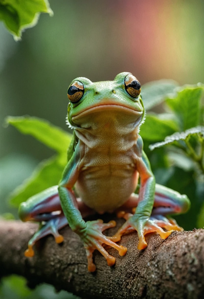 film photography style, best quality,ultra-detailed,HDR,animal photography, Realistic Kermit frog gorgeous treefrog 🐸 cute. Beautiful, by N. C. Winters, Gustav Doré, Amanda sage, Tom bagshaw, Matt hubel, Anne stokes, professional photography, Vladimir manyukhin, Dan mumford Holographic moody, imposing, arcane, ethereal: magnificent: cinematic: masterpiece: divine: amazing depth of field, rainbow gradient background, light grain
