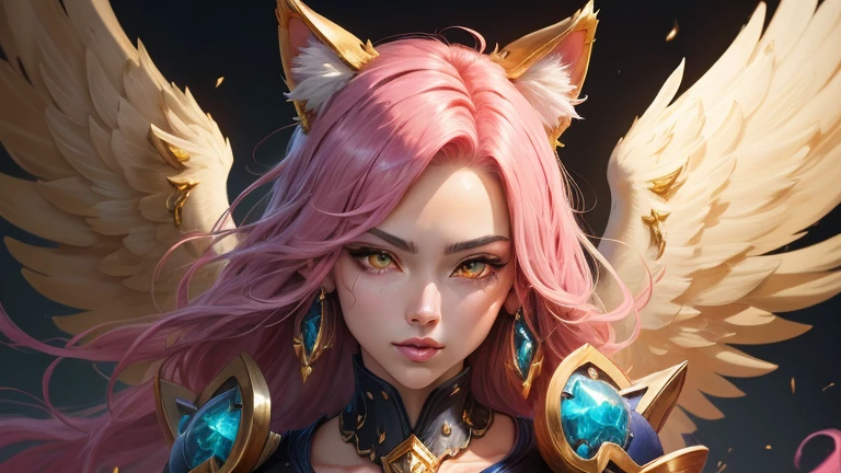 ((best quality)), ((masterpiece)), (detailed), woman with pink hair, Holding a sword, (Inspiration from Artgerm:1.2), (Pixiv competition winner:1.1), (Goddess of angels:1.3), (violent art style:1.2), Close-up portrait, goddess skull, (Senna from League of Legends:1.1), , HD anime wallpaper, (Akali in League of Legends:1.1), 8k resolution masterpiece,Highest image quality,Beautiful bust of noble Cat ears,Cat ear,Cat Tail Exquisite Metallic Hairstyle,Clear golden eyes,A dazzling array of carefully crafted jewelry adorns chunky plush garments,long legs,Leather heels,极其detailed细节,advanced,Expose of love fluids,R-18G