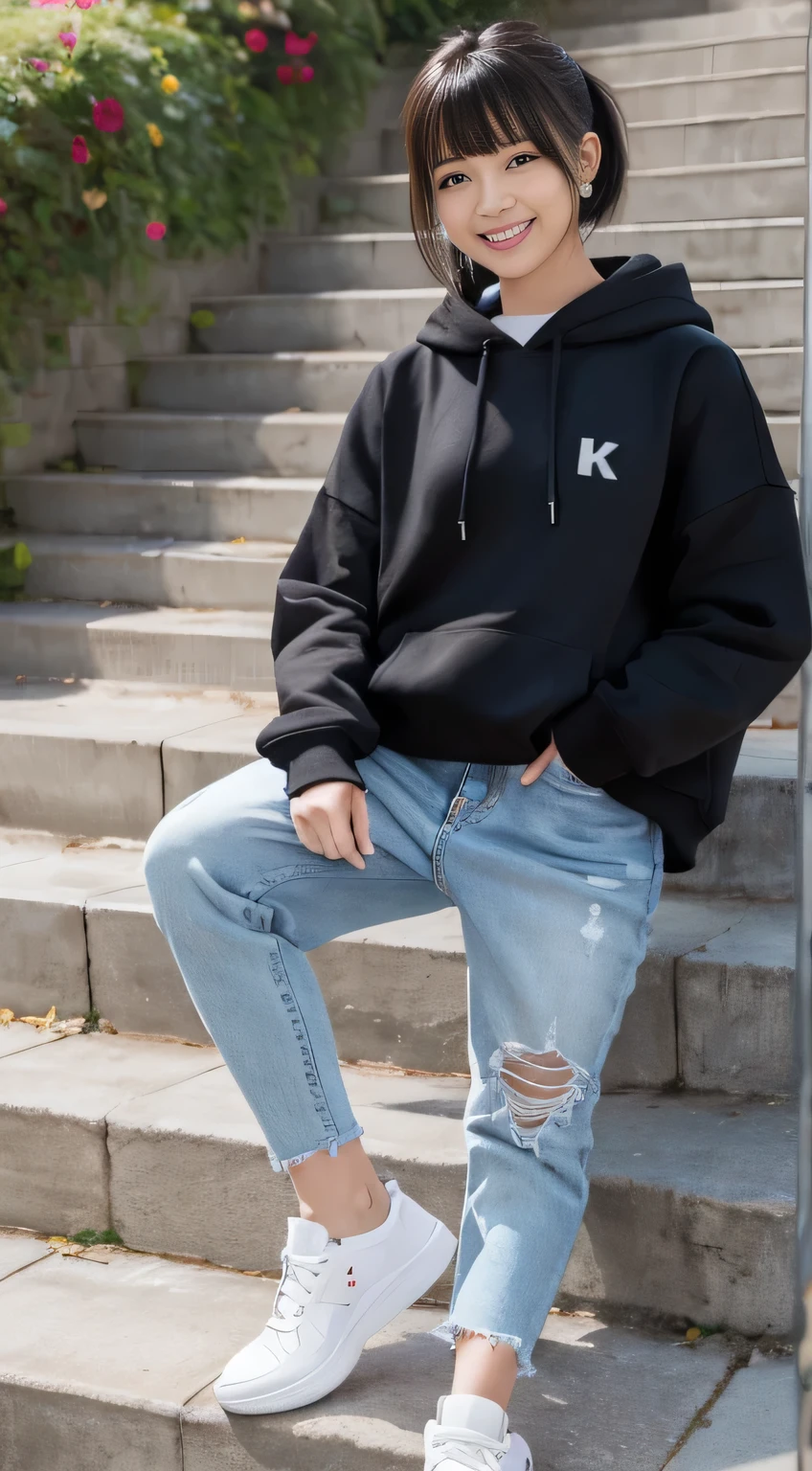 highest quality, Realistic, Very detailed, Finer details, High resolution, 8k wallpaper, One beautiful woman,Sit on the stairs、(Wear black socks)smile、(Beautiful teeth alignment、)(Gums are visible) Oversized hoodie, Skinny jeans,( Black sneakers)、Black Hair、 Beautiful Bangs、ear piercing、Perfect dynamic composition, Beautiful and detailed, Full Body Shot, A big smile