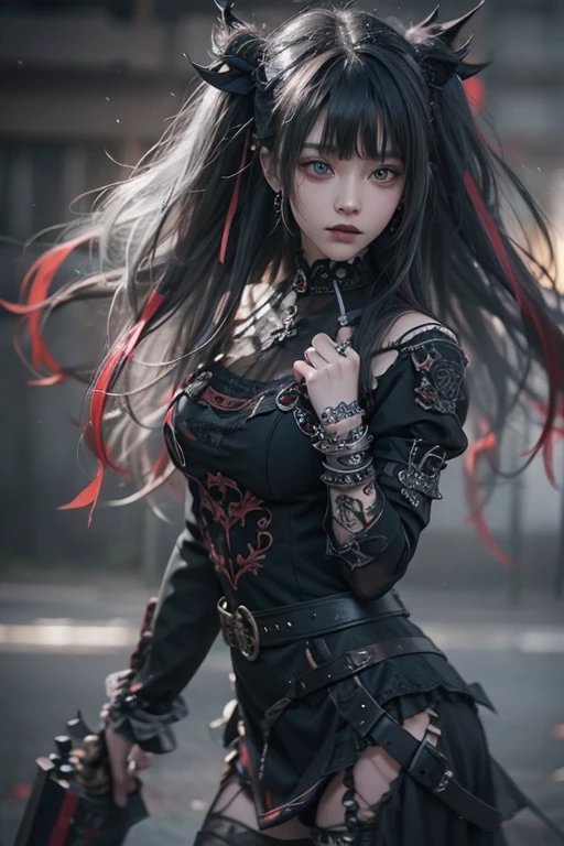 highest quality、8k、masterpiece:1.3、Gothic Punk、The inside color is red、Gray Black Hair、hair ornaments、Beautiful girl、creative、Dark Fantasy Style、Neogoth、Goth Fashion:1.2、High resolution、masterpiece、highest quality、頭w:1.3、((Hasselblad Photos))、Fine skin、Sharp focus、(Cinematic lighting)、Realistic textured hair