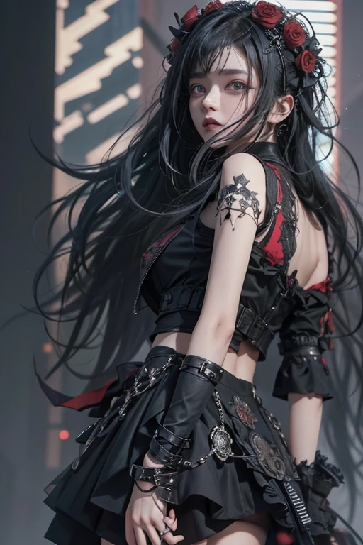 highest quality、8k、masterpiece：1.3、Gothic Punk、The inside color is red、Gray Black Hair、hair ornaments、Beautiful girl、creative、Dark Fantasy Style、Neogoth、Goth Fashion：1.2、High resolution、masterpiece、highest quality、頭w:1.3、((Hasselblad Photos))、Fine skin、Sharp focus、(Cinematic lighting)、Realistic textured hair