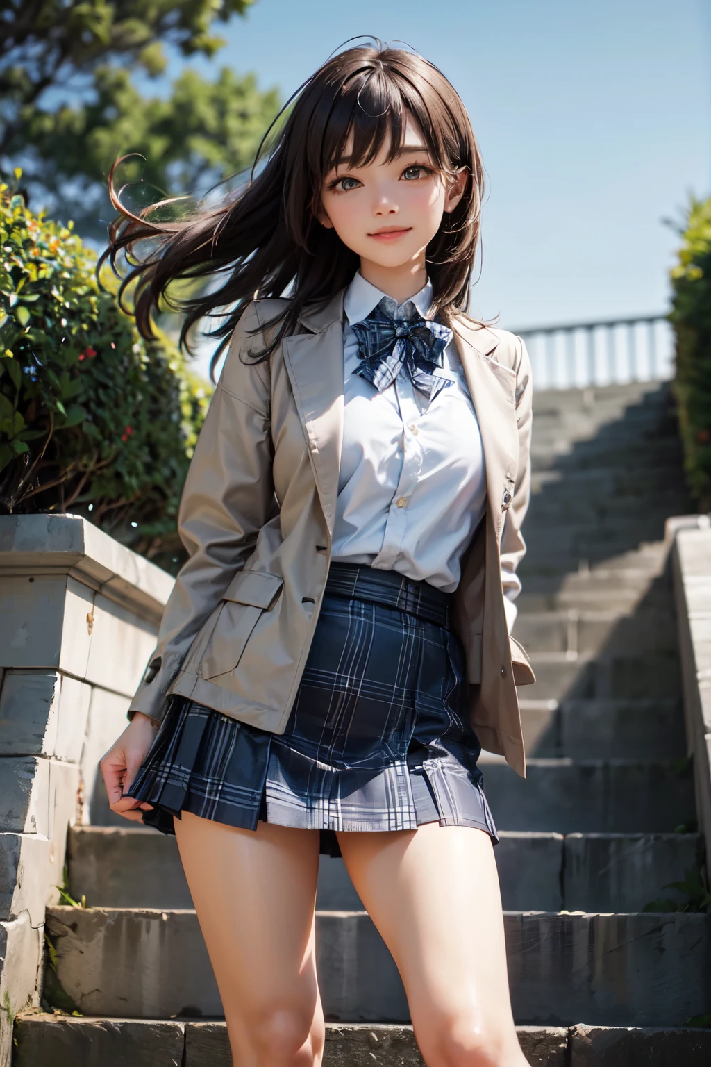 very cute and beautiful girl,(highly detailed beautiful face and eyes),(smile:1.2),happy,cowboy shot,
(brown jacket),collared shirt,plaid bowtie BREAK detailed legs,zettai ryouiki,brown shoulder bag,brown boots,
stylish pose,dynamic angle,hair ornament,black hair,(blue plaid mini skirt:1.2),arbor in rose garden,stone stairs,
(best quality,masterpiece),absurdres,highres,ultra-detailed,extremely detailed,32k,8k resolution,
intricate details,cinematic scene,detailed background,solo,dynamic angle,
solo,natural lighting,hair fluttering in the wind,beautiful detailed sky,