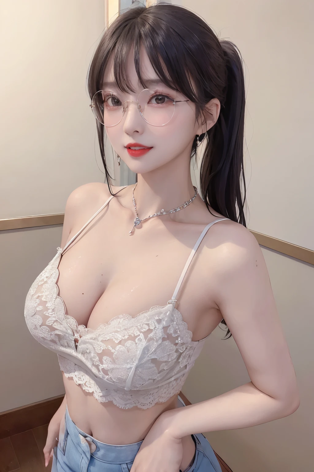 A sexy and charming korea woman, legs thrown back, elegant and intellectual, confident and generous, exquisite and beautiful face, exquisite collarbone, charming fragrant shoulders, navel, full body wet photo, body facing the front, beautiful and exquisite pretty face, peach Red lips, fragrant shoulders slightly exposed, super big breasts looming, focus on the face, seductive and delicate collarbone, ultra-high resolution, tender and smooth skin, very realistic details, bokeh, Bright Background, ultra-high-definition, outstanding details, 8K, blushing face, Attractive collarbone, sexy shoulders, one person, wet bob hair, ponytail long hair, smile with teeth, clothes((luxury lace crop top and lace boxers with deep cleavage, luxury necklace):1.2), high detail, shiny skin, (standing pose:1.5), light smile, beauty glasses,