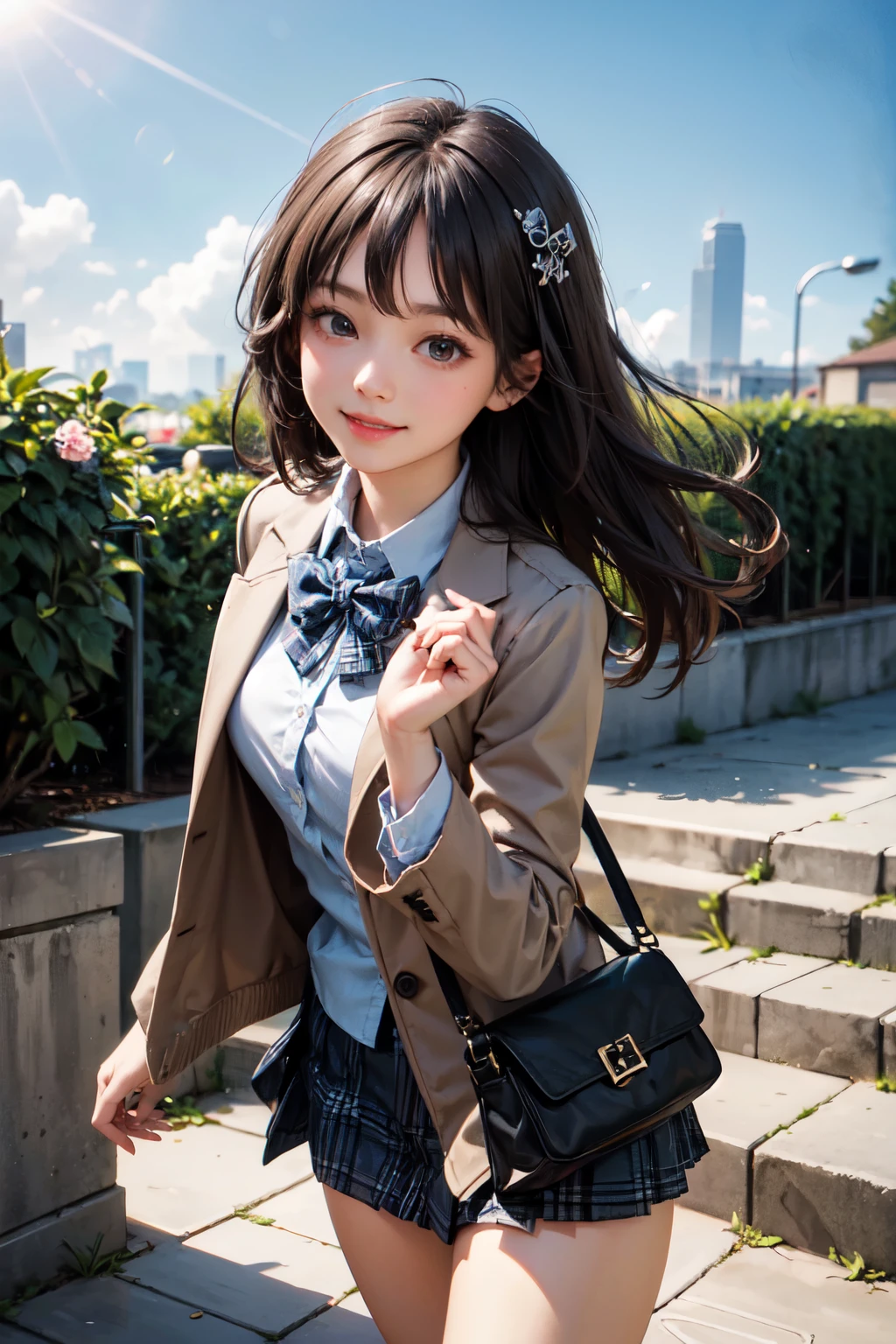 very cute and beautiful girl,(highly detailed beautiful face and eyes),(smile:1.2),happy,cowboy shot,
(brown jacket),collared shirt,plaid bowtie BREAK detailed legs,zettai ryouiki,brown shoulder bag,brown boots,
stylish pose,dynamic angle,hair ornament,black hair,(blue plaid mini skirt:1.2),arbor in rose garden,stone stairs,
(best quality,masterpiece),absurdres,highres,ultra-detailed,extremely detailed,32k,8k resolution,
intricate details,cinematic scene,detailed background,solo,dynamic angle,
solo,natural lighting,hair fluttering in the wind,beautiful detailed sky,
