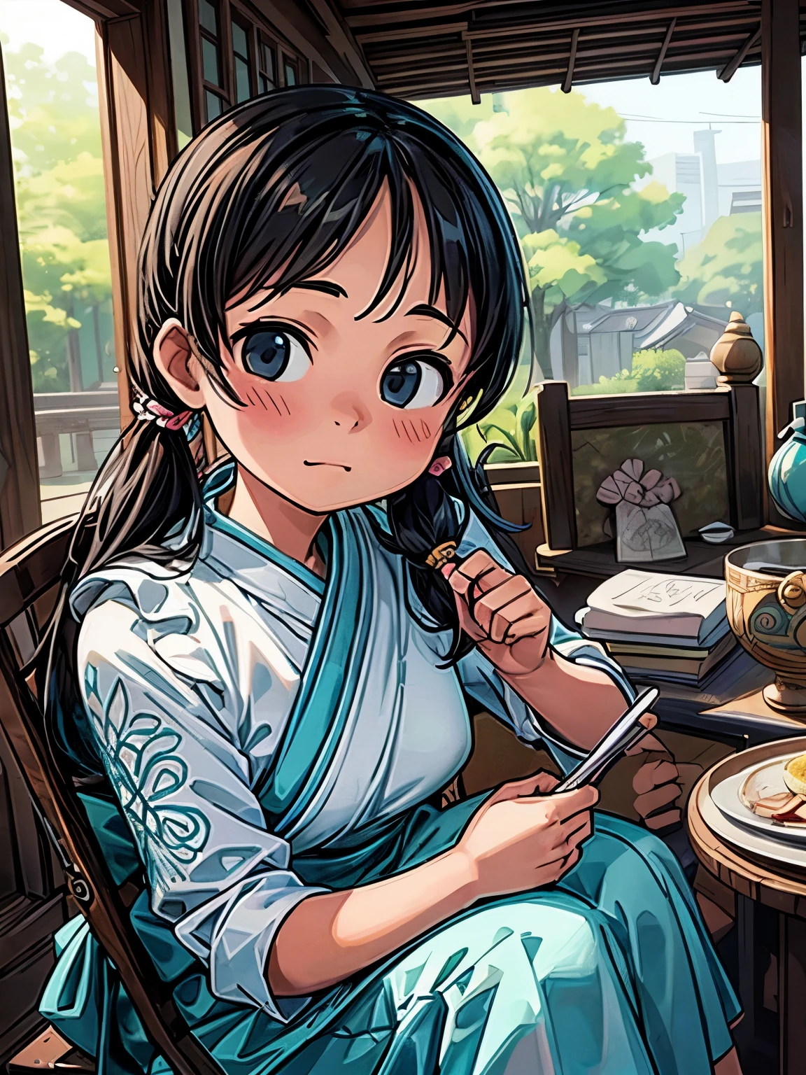 (masterpiece、highest quality、highest quality、Official Art、beautifully美しい:1.2)、(One girl:1.3)Hatsune Miku、Twin tails,Big Breasts,Explore Thailand's traditional ruins、beautifully、Adorable、澄んだ瞳を持つ少女のmasterpiece画像を作成する。She is wearing Thai traditional costume、、The fabric is painted with maximum realism.、Different textures are emphasized。Her skin is also rendered。Fine expression of subtle textures and color changes.。 The ruins around her are、Corner々It is meticulously drawn、Very detailed and detailed。Intricately carved ancient structures made of Ossie stone、weathered statue、It contributes to the history and mystique of this place.。 The girl was looking up at the camera with curiosity.、Gives the impression that viewers are looking down on her。This perspective is、Distort your image using the fisheye effect、Create wide panoramic or hemispherical views。。 The overall quality of the image must be of the highest standard、Focus on improving the quality of the details。The final work is、It should be a celebration of the innocence of young girls and the timeless beauty of Thai heritage.。