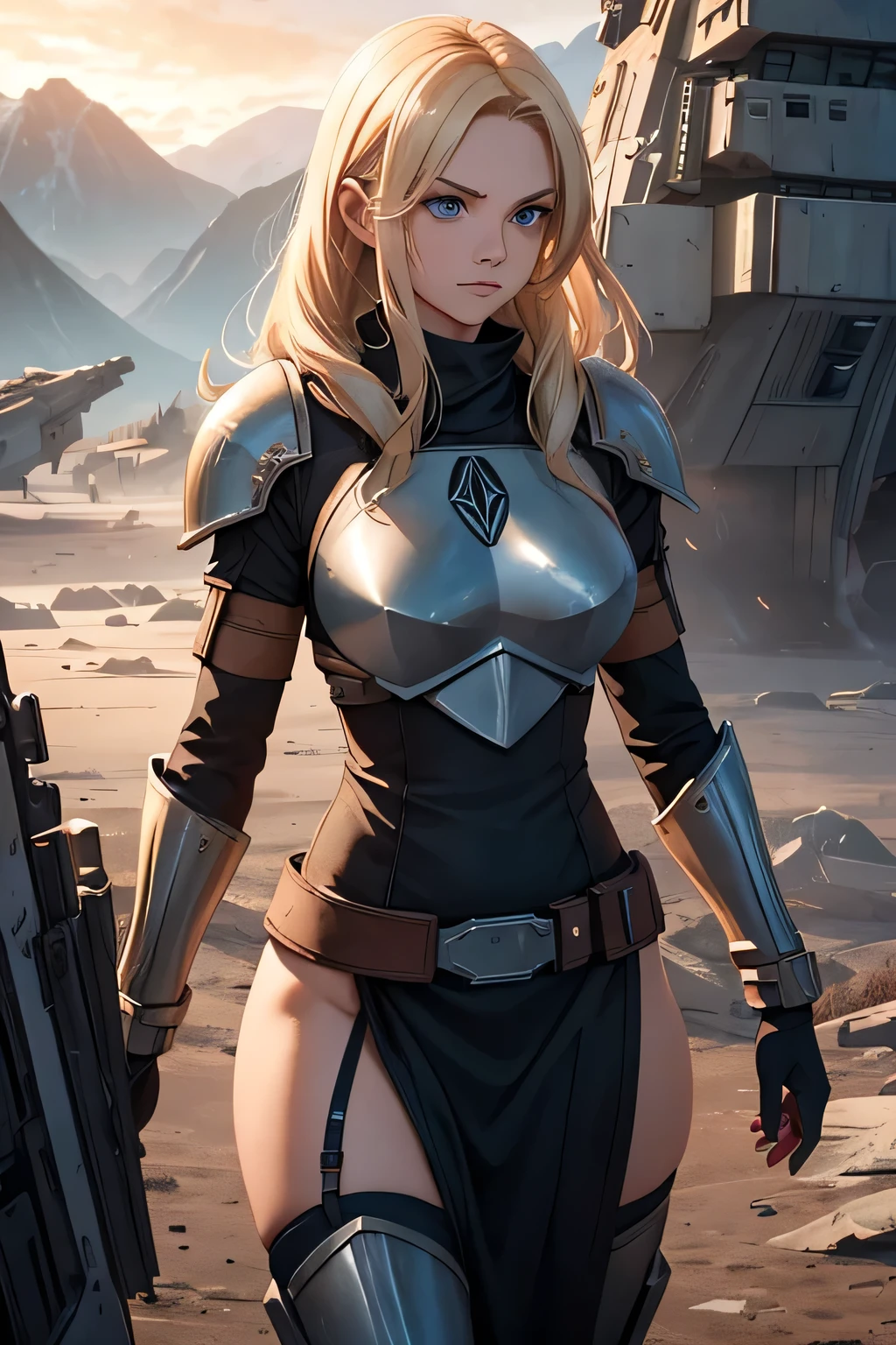 /imagine prompt: Prompt: A very beautiful sexy blonde, Mandalorian girl, in light sexy armor, standing by a battered imperial spaceship.
A beautiful and creative detailed description of a very beautiful sexy blonde, Mandalorian girl, in light sexy armor, standing by a battered imperial spaceship. She exudes confidence and power with her striking blue eyes and luscious blonde hair flowing down her shoulders. Her armor, made of sleek metallic material, accentuates her curves and highlights her fierce and strong presence. The Mandalorian insignia is prominently displayed on her chest, symbolizing her loyalty and dedication. Standing beside the battered imperial spaceship, she represents a captivating juxtaposition between rebellion and steadfastness, caught in a moment of contemplation and determination.
A detailed description of the scene's environment. It should match with the very beautiful sexy blonde, Mandalorian girl, in light sexy armor, standing by a battered imperial spaceship and must add some beauty to the scene. Surrounded by a desolate landscape, the scene unfolds under a picturesque sunset sky, painted in hues of orange and purple. Tall mountains rise in the distance, their rugged peaks casting long shadows across the scene. The air is filled with a sense of adventure and discovery as the girl gazes towards the horizon, her eyes sparkling with anticipation.
A detailed description of the scene's mood, feelings, and atmosphere. The atmosphere teems with a mix of nostalgia and hope, as memories of past battles intertwine with dreams of a brighter future. The girl's presence exudes resilience and determination, evoking a sense of heroism and bravery. Standing by the battered imperial spaceship, she embodies the spirit of defiance and rebellion, ready to fight for what she believes in. The mood is intense, yet tinged with a glimmer of optimism, as whispers of a new era echo in the air.
A style for the image. The image is rendered in a cinematic painting style,