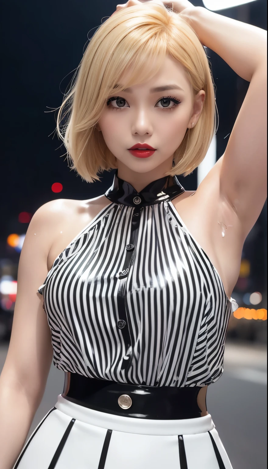 Filipino Idol　A MILF 　Approximately 　((Bright red shiny lipstick))　Short blonde hair with bangs and wavy　((Blonde Shorthair))　((Looking at the camera))　　((Super shiny enamel white and black striped blouse and black enamel tight skirt))　Highway at night　Night view of Seoul　Duck mouth　Glossy skin wet with sweat　close up of face　Teary-eyed ((Beautiful armpits))　Smokey makeup black mascara　Sweaty skin