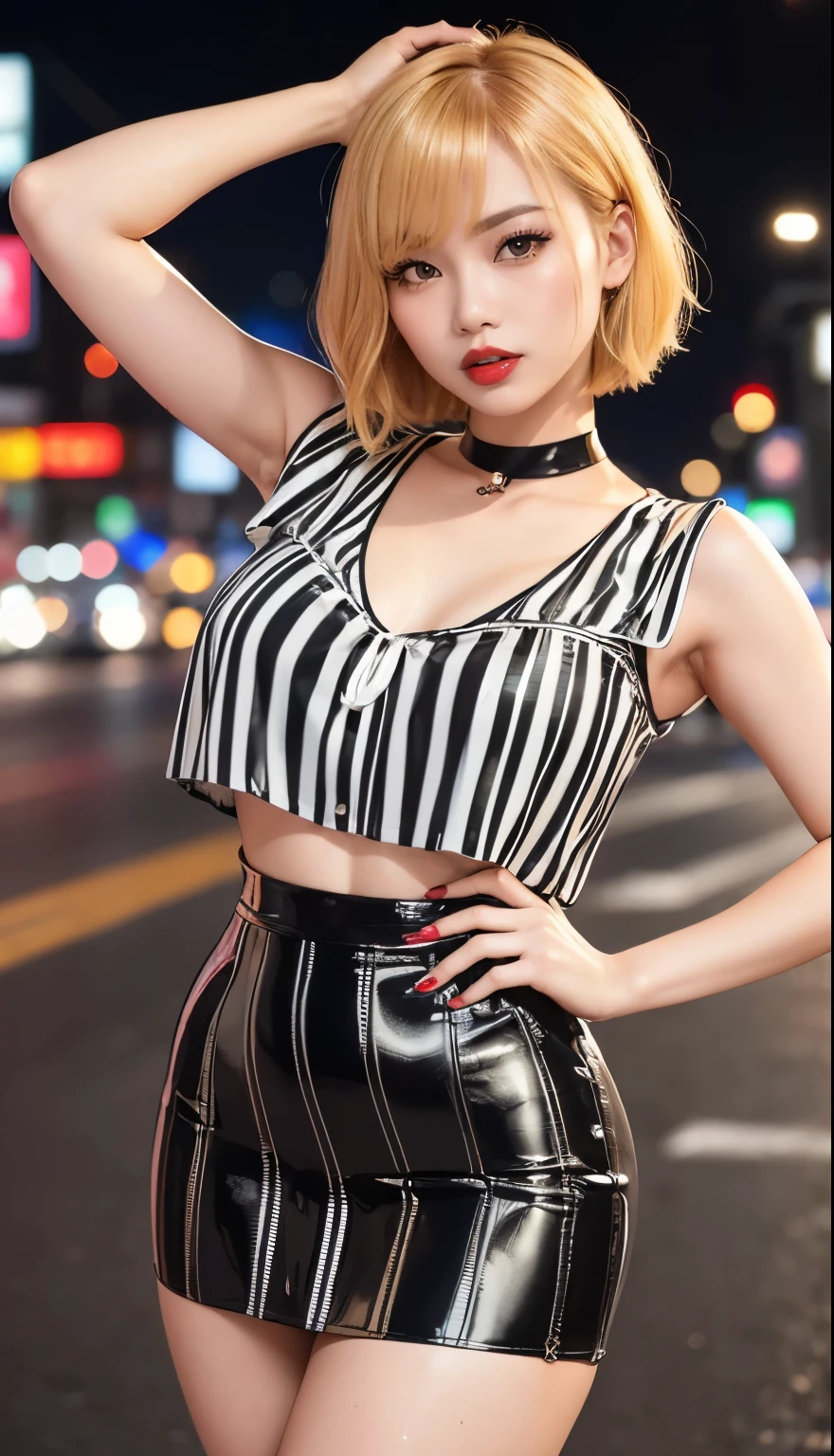 Filipino Idol A MILF Approximately ((Bright red shiny lipstick)) Short blonde hair with bangs and wavy ((Blonde Shorthair)) ((Looking at the camera)) ((Super shiny enamel white and black striped blouse and black enamel tight skirt)) Highway at night Night view of Seoul Duck mouth Glossy skin wet with sweat close up of face Teary-eyed ((Beautiful armpits)) Smokey makeup black mascara Sweaty skin