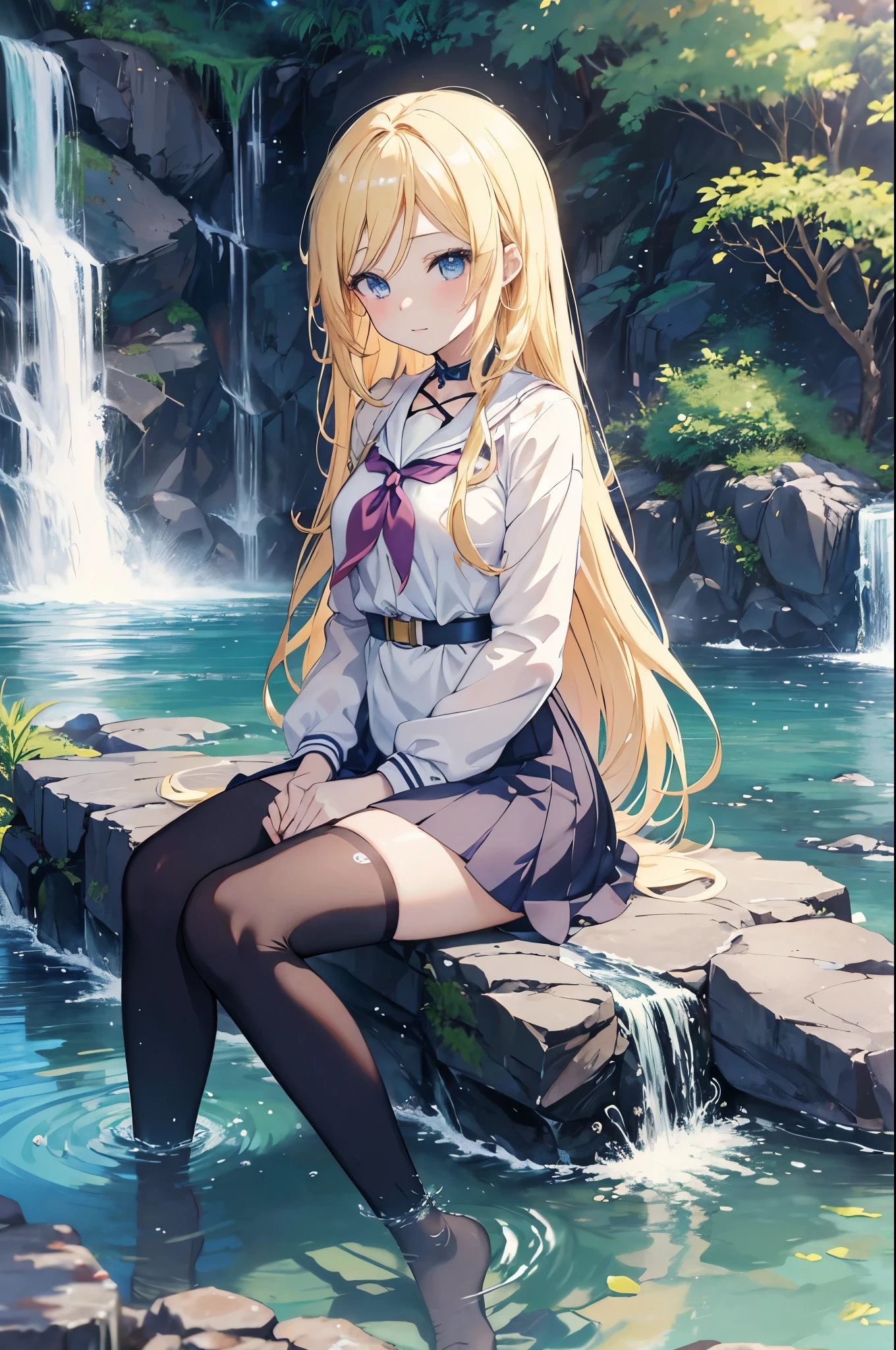 Anime Girls sitting on the ground in front of a waterfall, seductive Anime Girls, blonde Anime Girls with long hair, beautiful Anime Girls, pretty Anime Girls, attractive Anime Girls, Beautiful anime school girl, cute Anime Girls, Splash Art Anime , Anime Girls, marin kitagawa fanart, Beautiful and attractive anime woman, , young Anime Girls