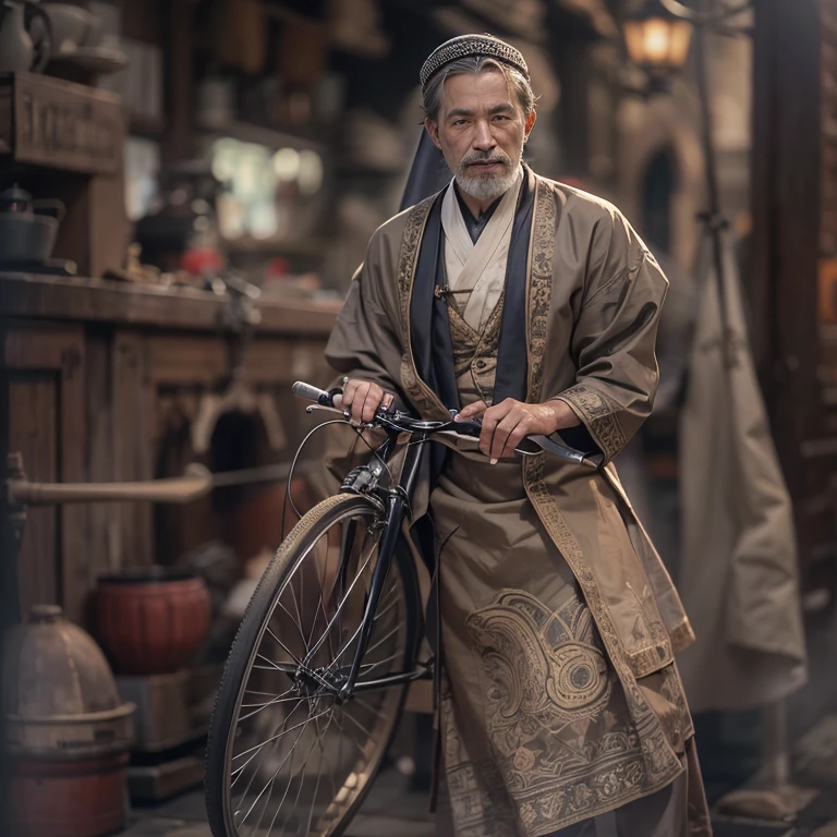 Ride an Antique Bicycle on Baker Street 、Hair flow、 ((highest quality、masterpiece、8k、Best image quality、Ultra-high resolution、Award-winning works)、(Accurate anatomy:1.1)、(Look at me and smile:1.1)、Shining fair skin with Ultra-high resolution、The most detailed face、Ultra-high resolution detailed face、Ultra-high resolutionの髪の毛、(Ultra-high resolutionの煌めく瞳:1.1)、Beautiful face drawn in every detail、(Blurred Background:1.1)、Ancient Islamic clothing, Chest to chest, tattoo,