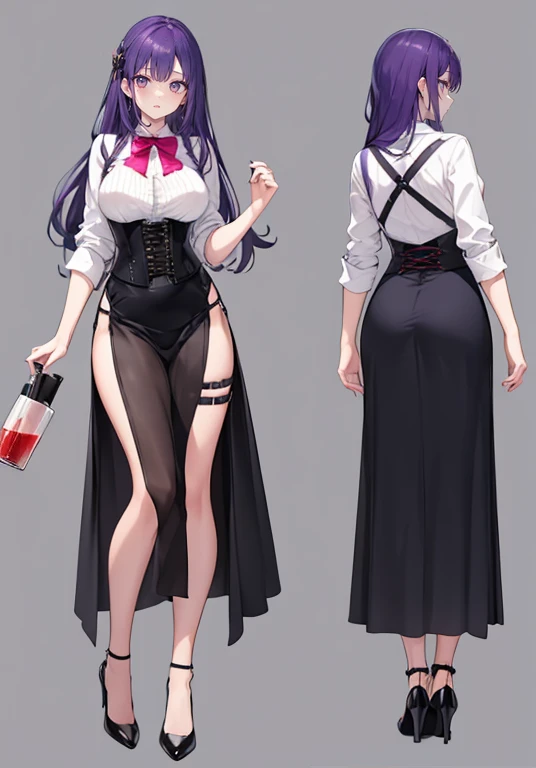 Purple hair,long hair,Adult female,Bartender,((Body harness)),((Rolling up your sleeves shirt)),(Corset),(Long skirt),(slit),High heels,((Simple background)),Smile,((Full body)),((whole body)),Character Sheet,
