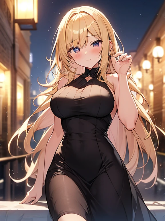 Masterpiece, Top quality, (1 beautiful girl :1.2), Blonde, medium hair, wave hair, airy hair, 24 year old, medium breasts, standard weight, layered dress, blush, drunk, beautiful scene of party venue, (blurry background:1.2), magnificent panorama view, glass with alcohol, midnight, night view, dynamic pose