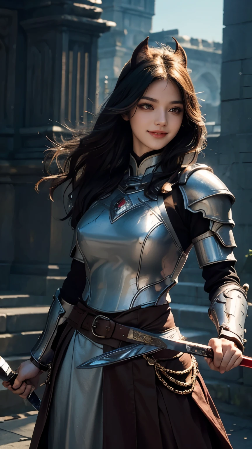 (((masterpiece))),The best quality at its best,High resolution,8k,(masterpiece:1.2), (highest quality:1.2), Perfect Eyes, Perfect Face, Volumetric lighting, One girl, Mature Female Warrior, Mature Woman, armor, Robe, Black Hair, Shoulder rest, Club, belt, Fantasy, Outdoor, Detailed Background, compensate, lipstick, eye shadow, mascara, Thick eyelashes、whole body、Cat ear、smile、Smile、whole body、Long skirt、(((Berserker))),((Delicate hands holding a sword)),breastplate,