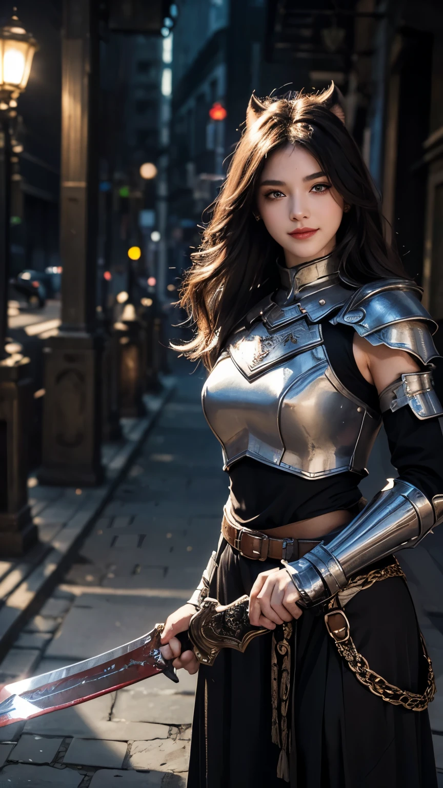 (((masterpiece))),The best quality at its best,High resolution,8k,(masterpiece:1.2), (highest quality:1.2), Perfect Eyes, Perfect Face, Volumetric lighting, One girl, Mature Female Warrior, Mature Woman, armor, Robe, Black Hair, Shoulder rest, Club, belt, Fantasy, Outdoor, Detailed Background, compensate, lipstick, eye shadow, mascara, Thick eyelashes、whole body、Cat ear、smile、Smile、whole body、Long skirt、(((Berserker))),((Delicate hands holding a sword)),breastplate,