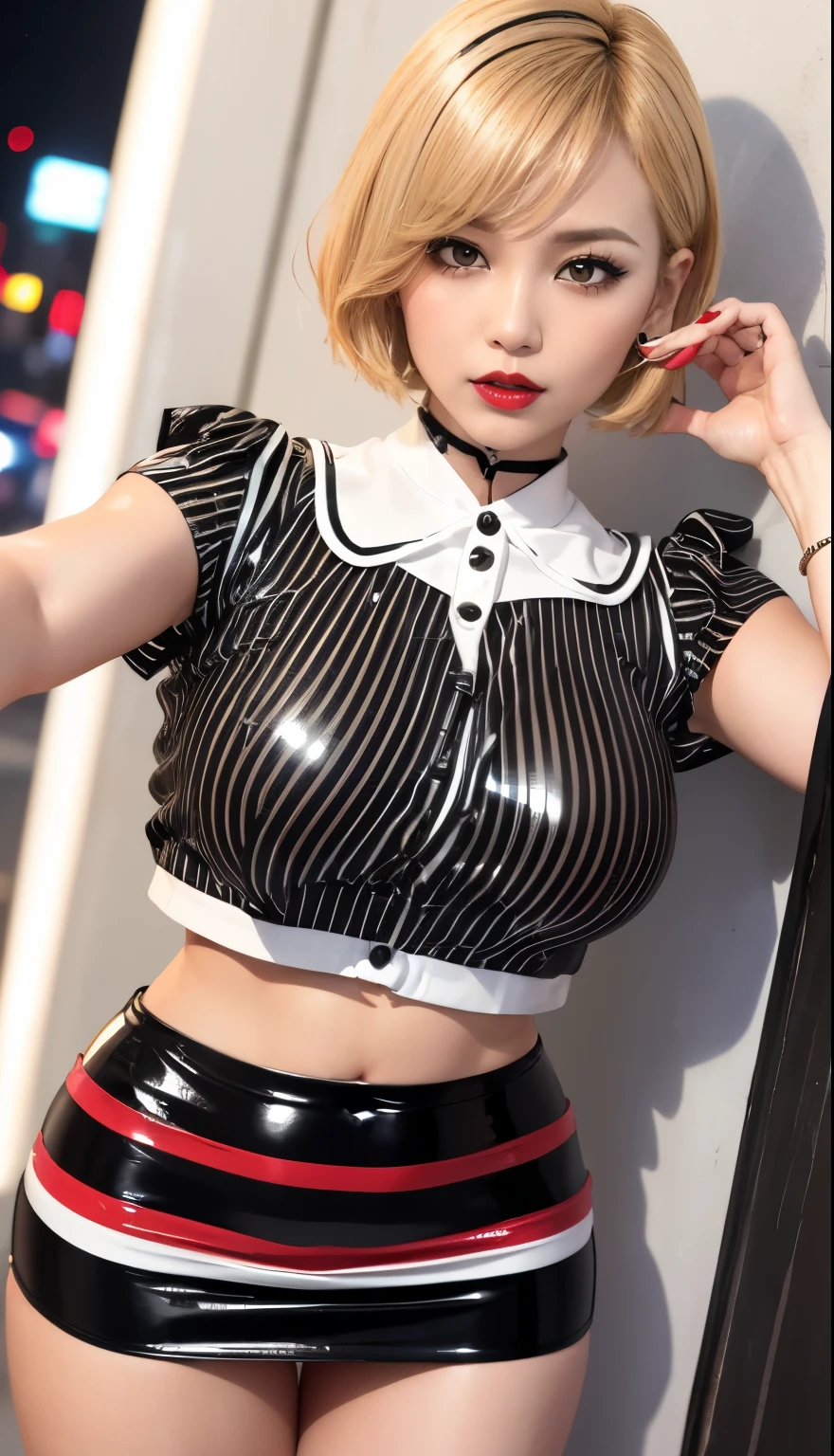 Thai Idol A MILF Big Breasts ((Bright red shiny lipstick)) Short blonde hair with bangs and wavy ((Blonde Shorthair)) ((Looking at the camera)) ((Super shiny enamel white and black striped blouse and black enamel tight skirt)) Highway at night Night view of Seoul Duck mouth Glossy skin wet with sweat close up of face Teary-eyed ((Beautiful armpits)) Smokey makeup black mascara Sweaty skin