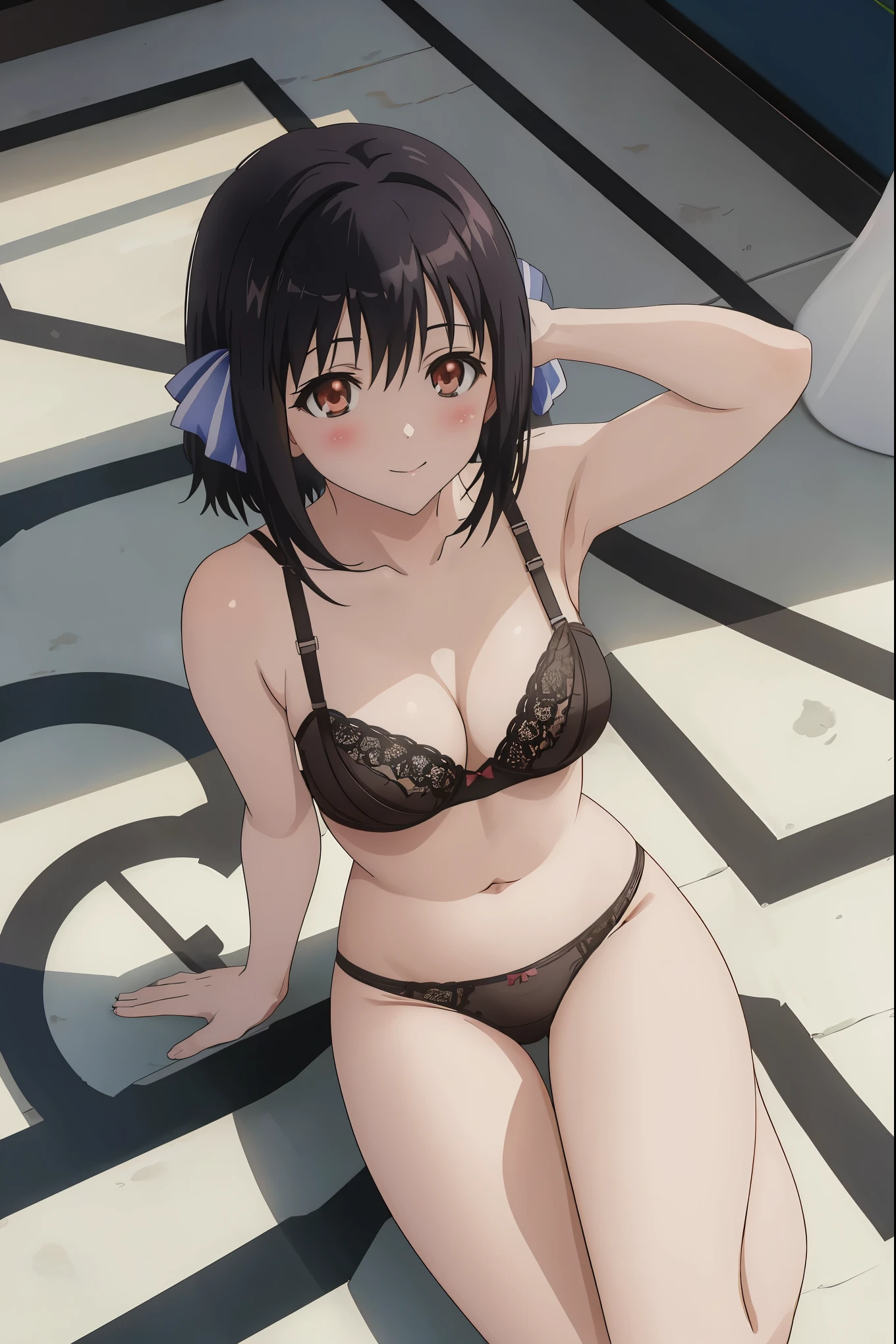 [anime styled]],[[digitalart]],1girl,solo,(portrait)from above,Tomomi_saikyou,black hair,Short hair,bob cut,hair ribbon,midium build,1girl in,short torso,anime screen cap,cel shading,smile, blush,(strong light),((brighten the subject)),park,(sitting,leg lift),(spread a sheet),nude,((bra)),((panties)),(lingerie)