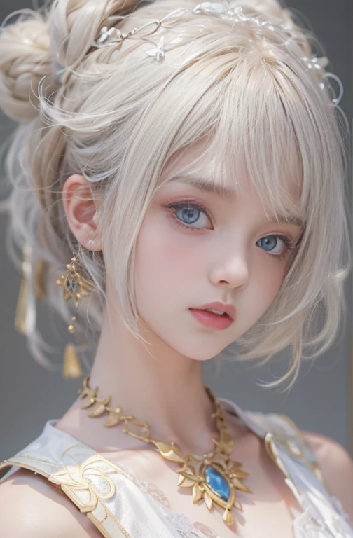 18-year-old, Close up portrait of woman in Ancient Greek clothing、Shoulder out、thin、Serious expression、Short-haired、Deadly position, Gorgeous Necklace, Light milky porcelain skin, Smooth, transparent white skin, Enchanting anime girl, Beautiful and seductive anime woman, Ultra realistic sweet bunny girl, Pale porcelain white skin, Smooth, realistic and perfect body, Anime Girl Cosplay, Perfect body with realistic shadows, Gweitz masterpiece