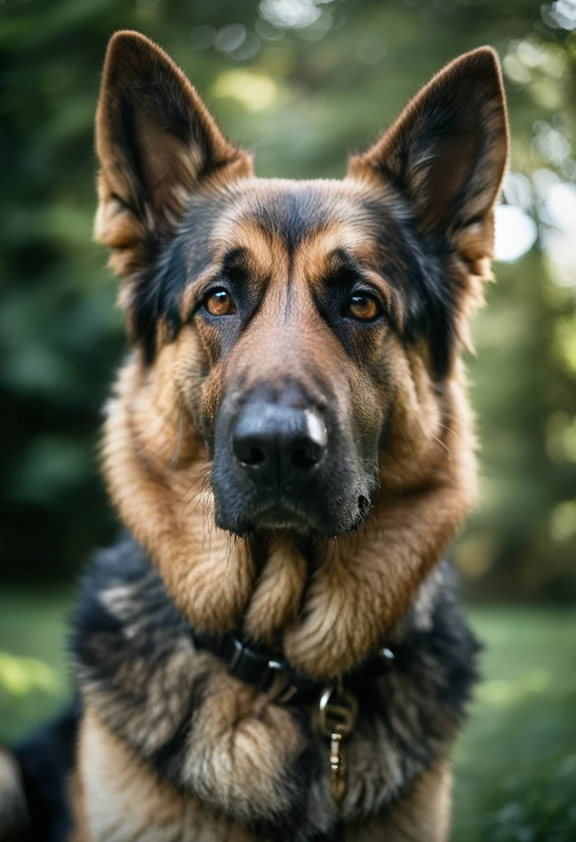 film photography style, best quality,ultra-detailed,HDR,animal photography, German shepherd color portrait, Linkedin profile picture, professional portrait photography by Martin Schoeller, by Mark Mann, by Steve McCurry, bokeh, studio lighting, canon lens, shot on dslr,  megapixels, sharp focus, light grain