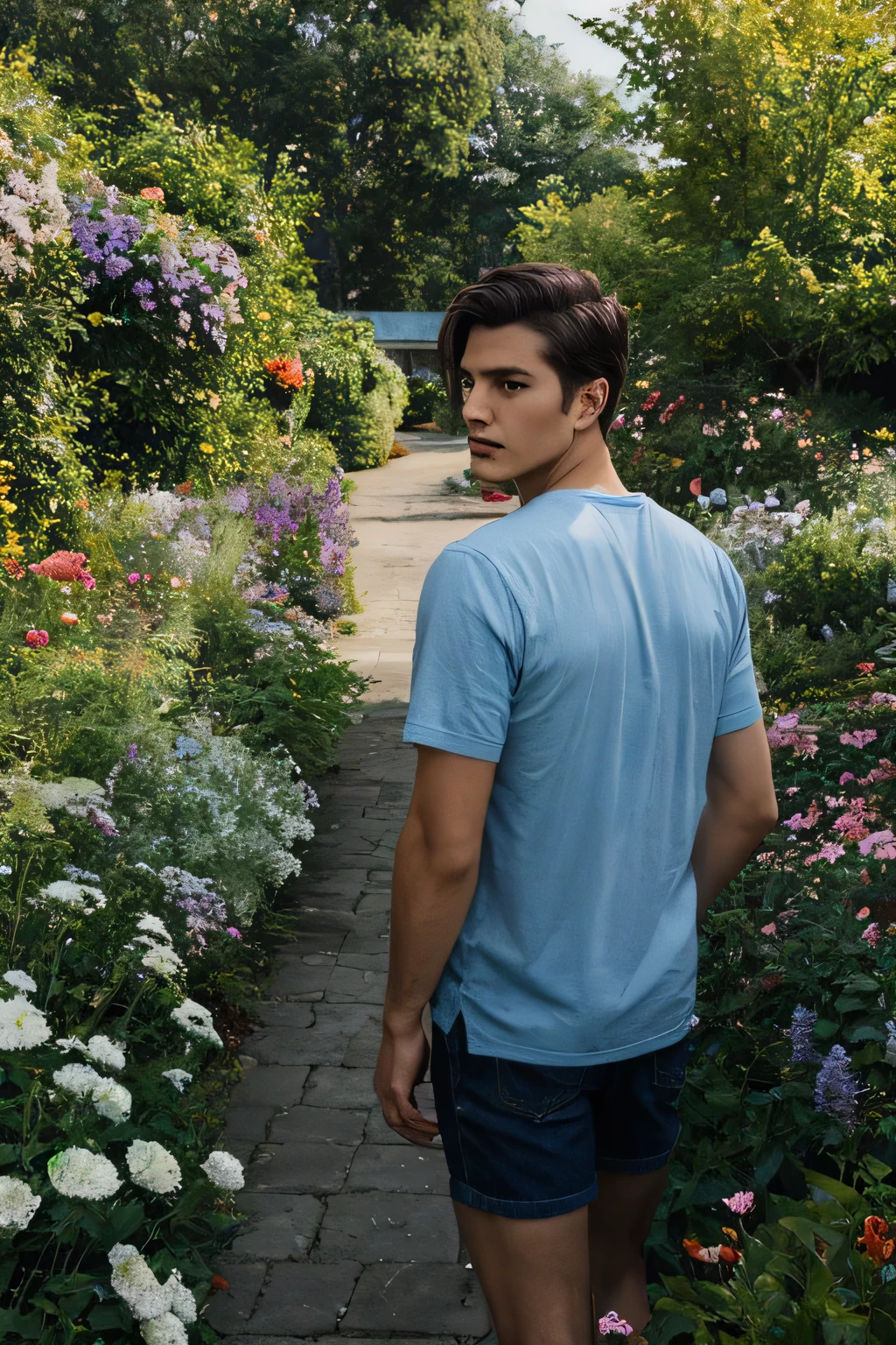real, cinematic, high quality, Handsome Men Short hair ,casual clothes, flower garden expo