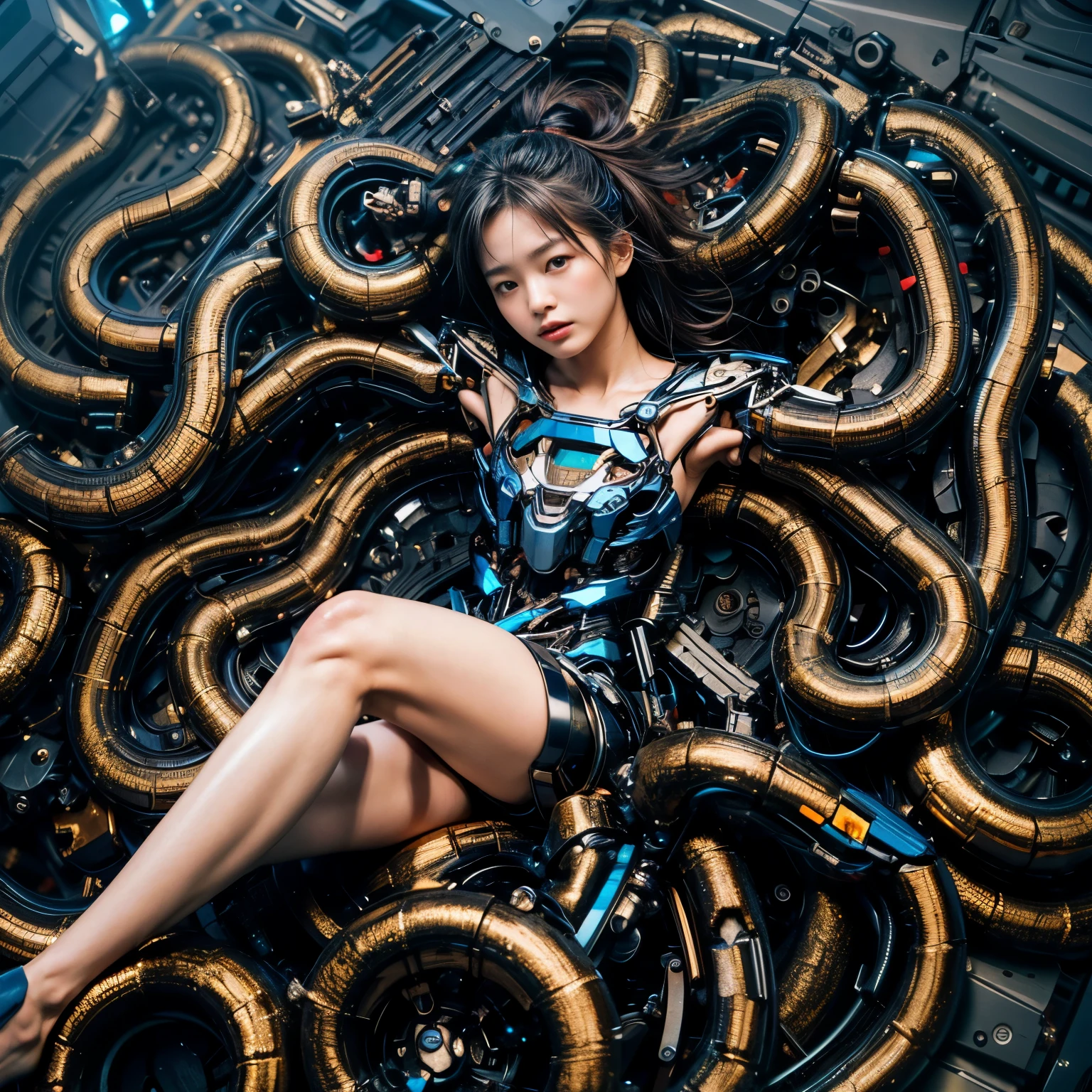 (best quality:1.2), 8k, highres, octan render, (masterpiece), extremely ultra detail, cyborgized Japanese woman, extremely ultra cute face, , skinny body, flat chest,  (blue metallic mechanical frame:1.5), (Power cables connected throughout the body), detaile up, Instead of hair, there are cables growing out of it, mechanical fusion, mechanical skeleton, bio mechanics, mechanical life-form, highly intricate detail, extremely ultra real texture, human-like skin, realistic hair, ultra realistic details, professional lighting, (realistic:1.4), (RAW photo:1.2), (photorealistic:1.37)